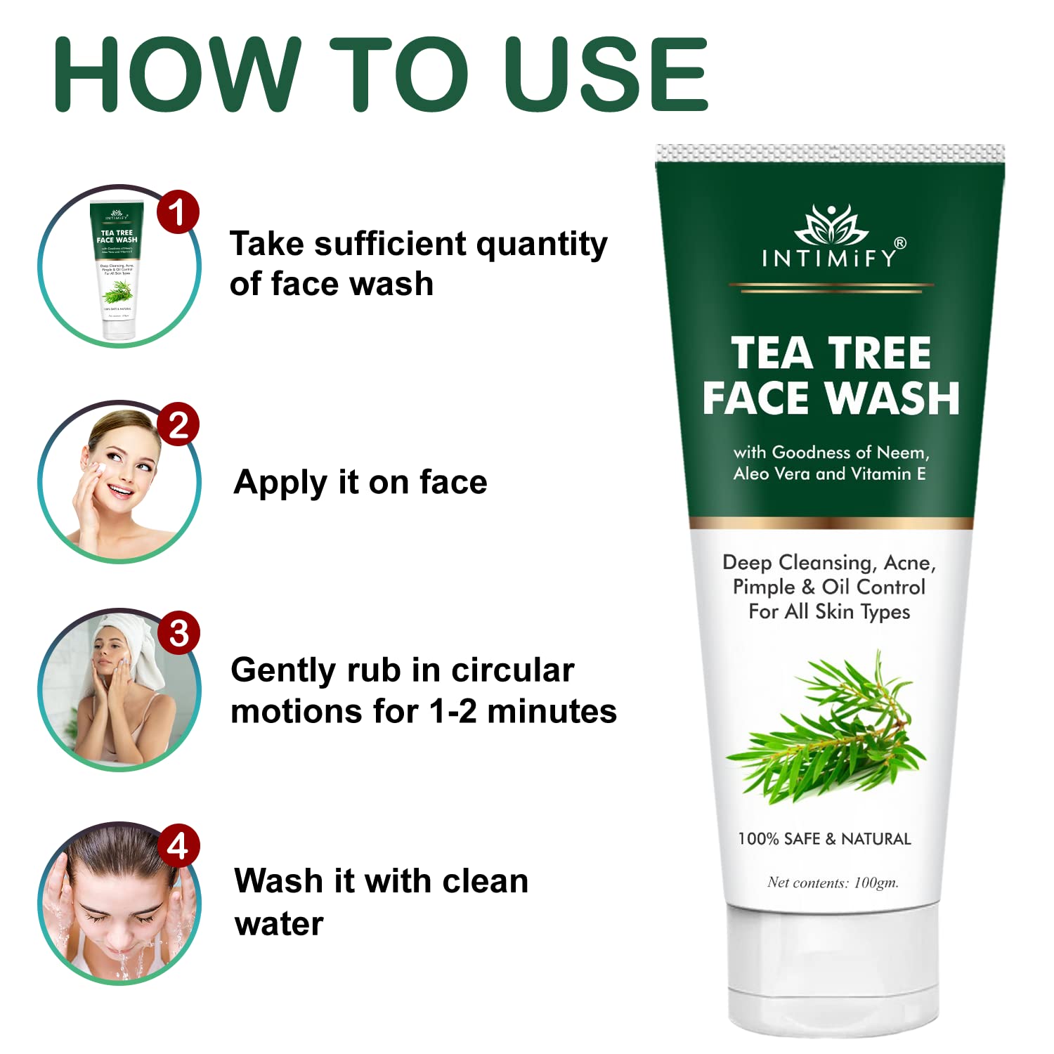 INTIMIFY Tea Tree & Neem Face Wash for Acne-Prone & Oily Skin - Brightening & Lightening Formula - 100g (Pack of 1) - Gentle Daily Cleanser for Clear, Glowing Skin at Home or Travel