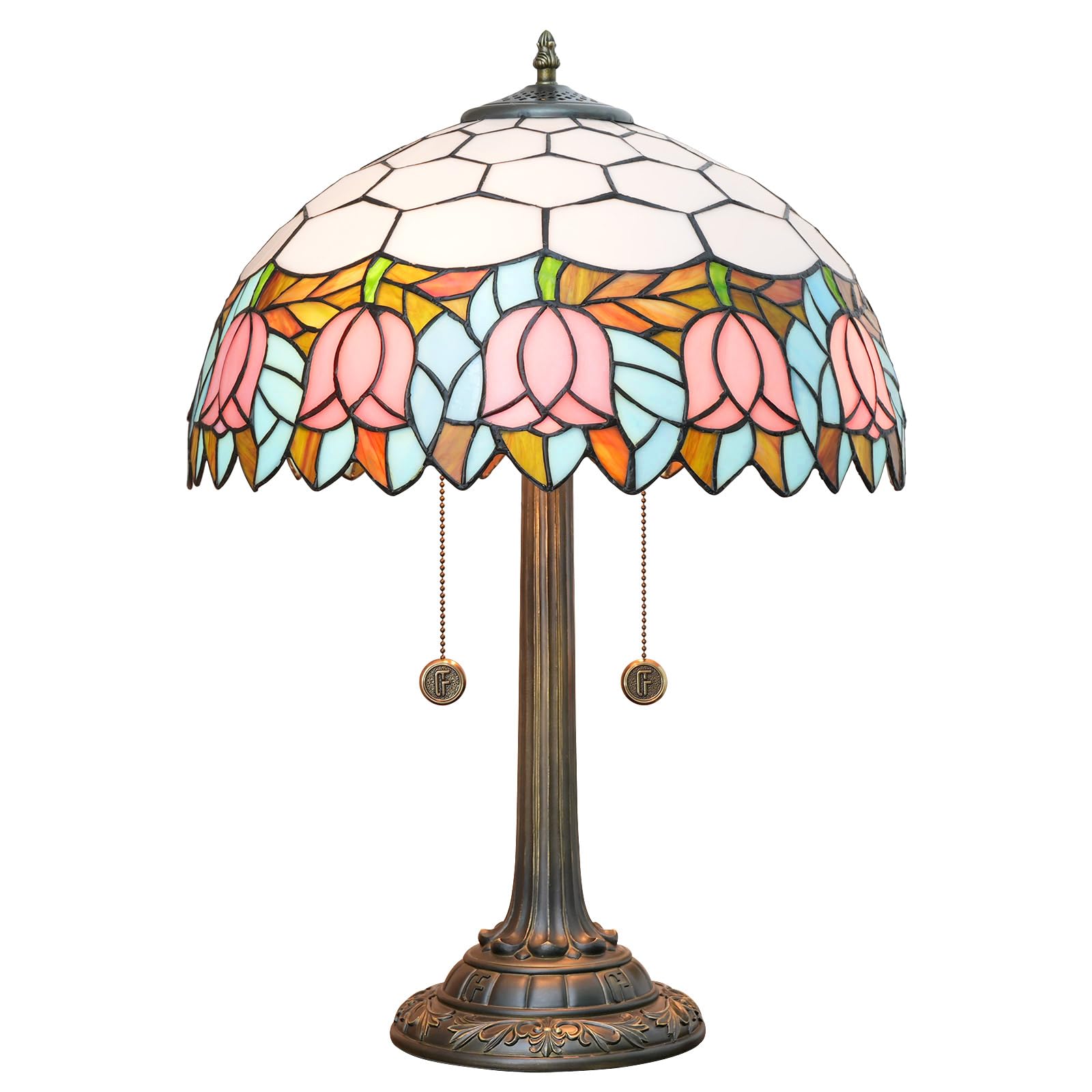 16 Inch Pink Tulip Tiffany Style Stained Glass Table Lamp - Antique Home Decor for Living Room, Dining Room, Bedside & Office - Handcrafted Tiffany Lamp for Cozy Ambiance & Vintage Lighting