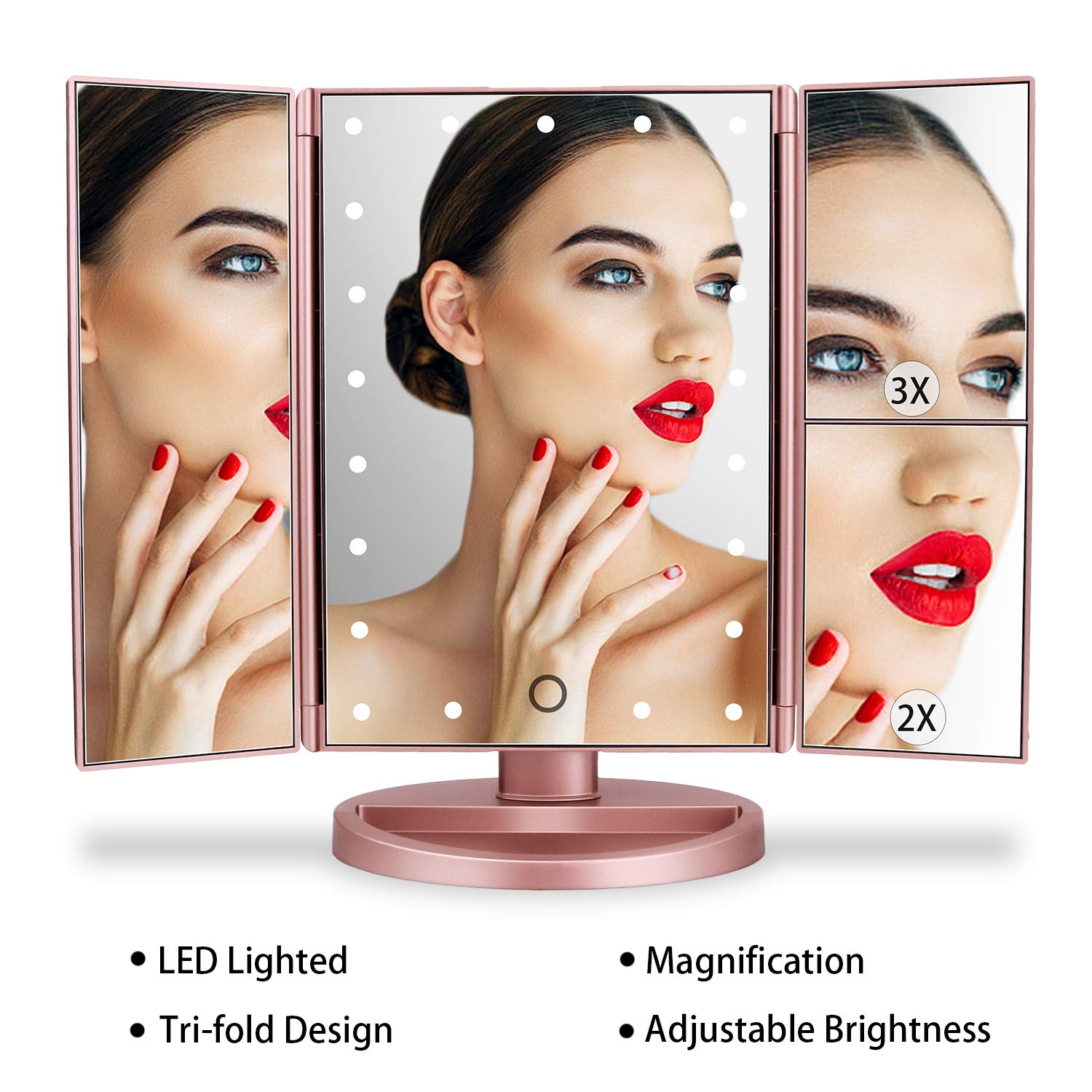**Dewisn Lighted Vanity Makeup Mirror with 3X/2X/1X Magnification, 21 LED Lights, Touch Screen Dimmable, Dual Power Supply - Rose Gold | Perfect for Home, Travel & Professional Makeup Application**