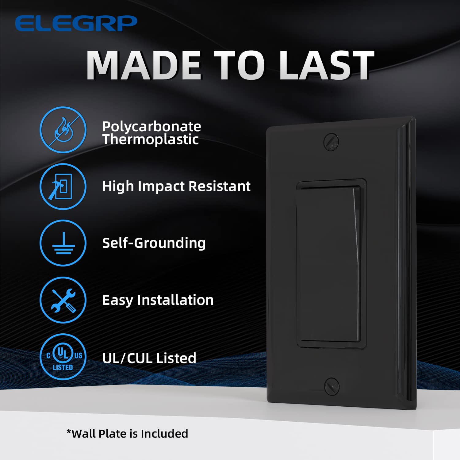 ELEGRP 15Amp 120-277V Single Pole Decorator Light Switch with Wall Plate - Paddle Rocker On/Off Switch, Self-Grounding Residential Grade, UL/CUL Certified (10 Pack Glossy Black) - Perfect for Home, Office and Commercial Lighting Control