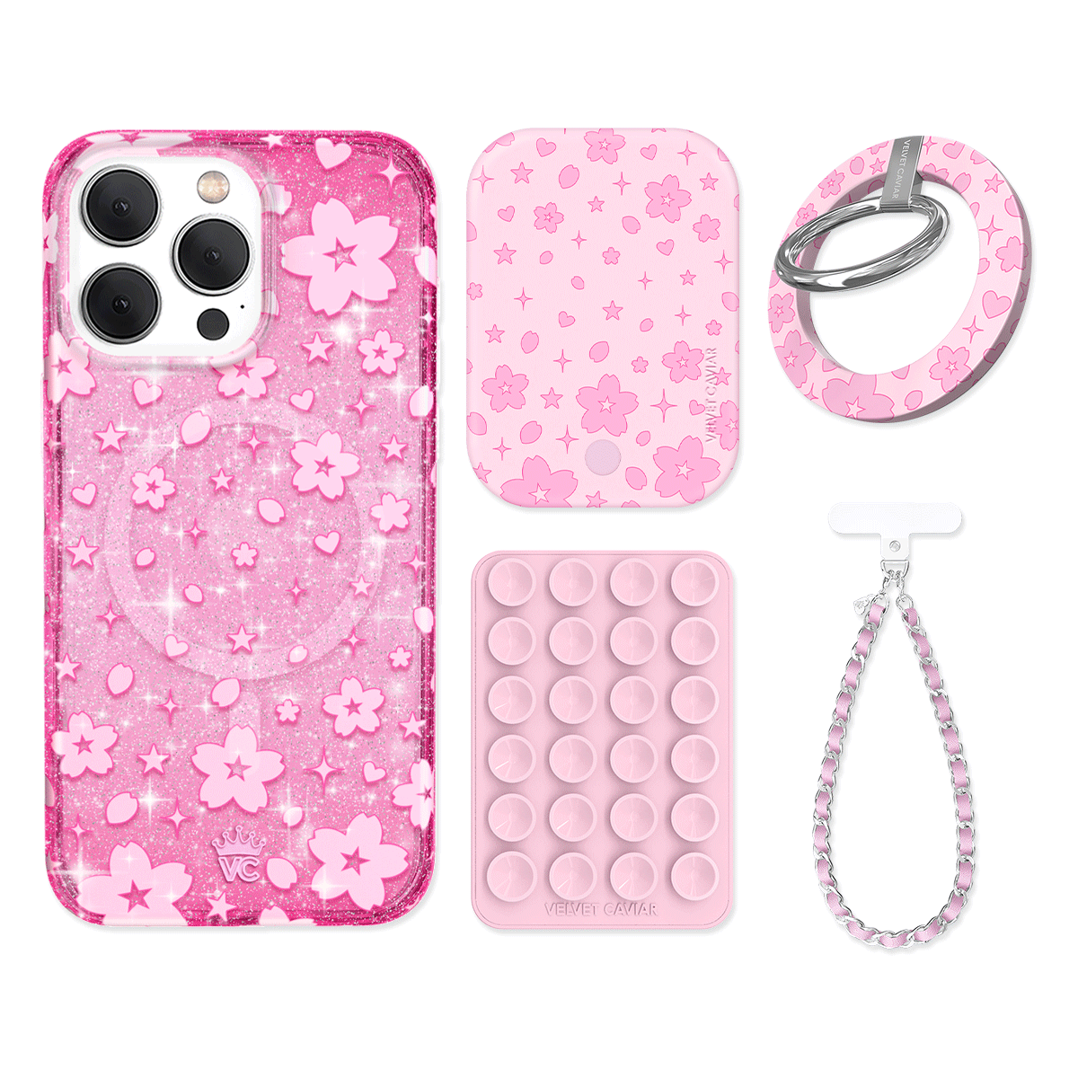 Cherry Blossom Glitter iPhone Case with Grip - Cute Floral Phone Cover for iPhone 13/14/15 Pro Max - Non-Slip Shockproof Protection - Perfect for Daily Use, Travel & Selfies