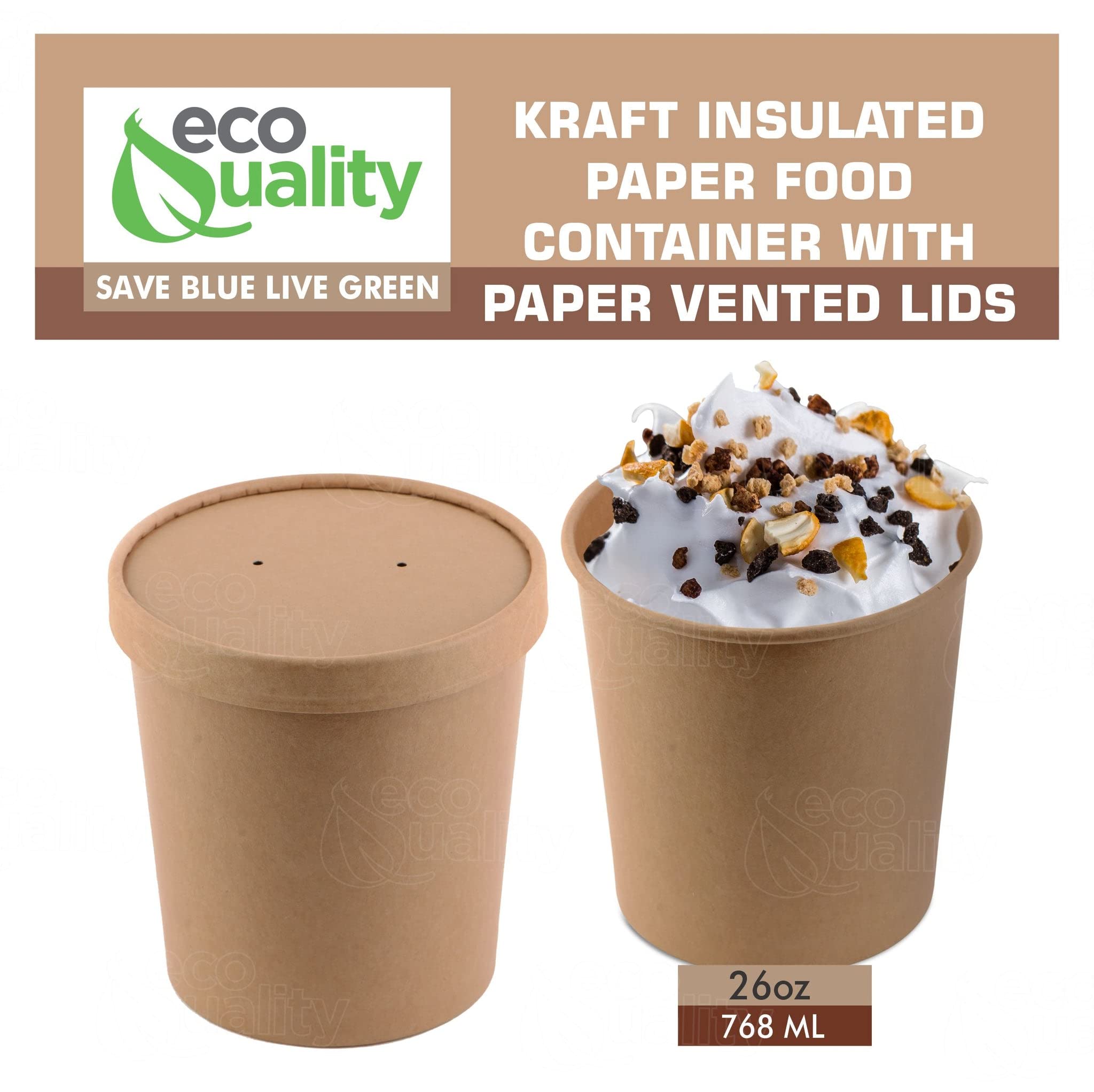 Eco-Friendly Disposable Kraft Paper Soup Bowls with Lids - 26 Pack Round 75oz Microwave & Freezer Safe Food Containers - Perfect for Ice Cream, Frozen Yogurt, Desserts & Takeout Meals - Ideal for Parties, Picnics & Food Storage