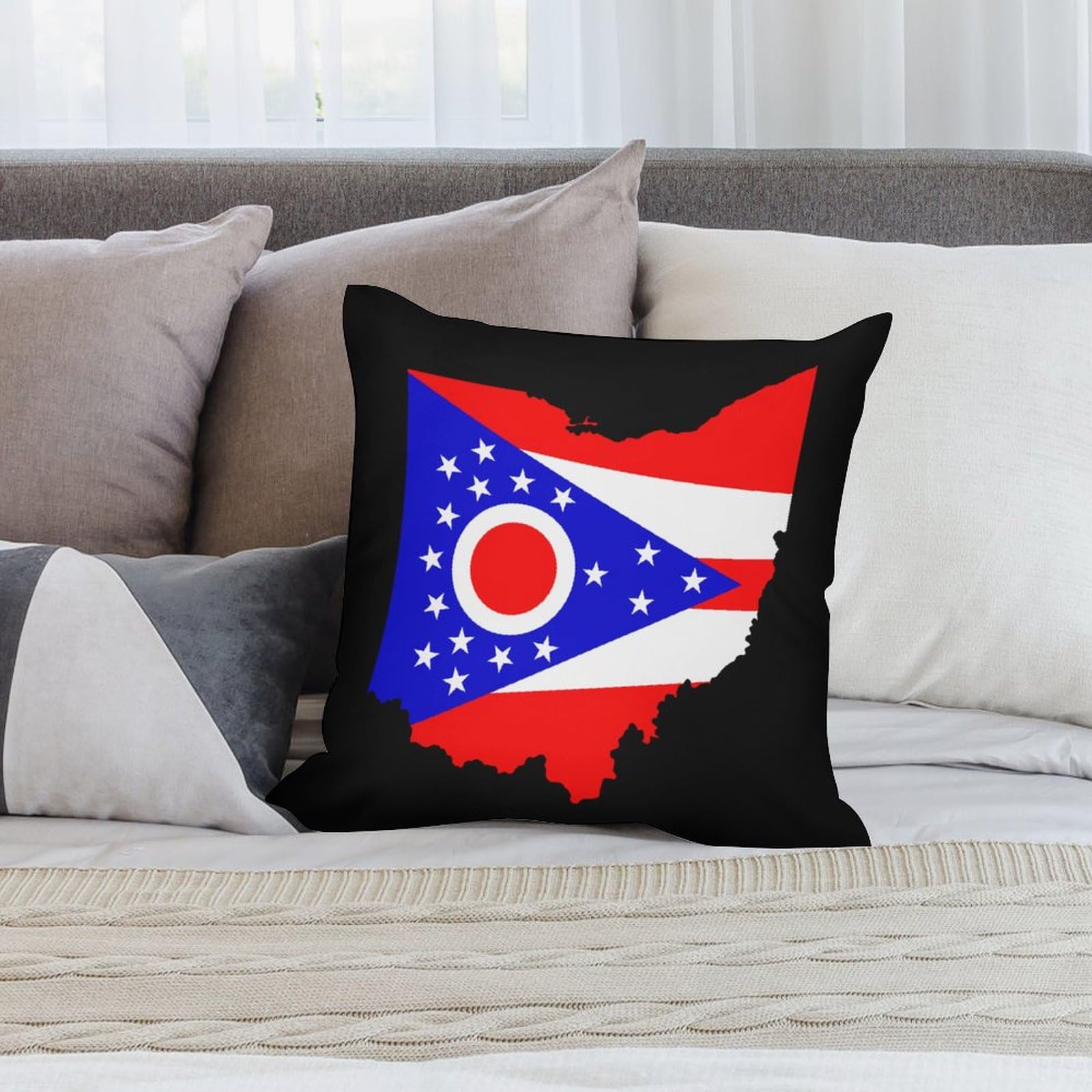 Ohio State Flag Map Plush Pillow Covers Set of 4 - 16x16 Inch Soft Cushion Covers for Sofa, Bed, Couch - Perfect for Home Decor, College Dorm, Game Day & Patriotic Gift
