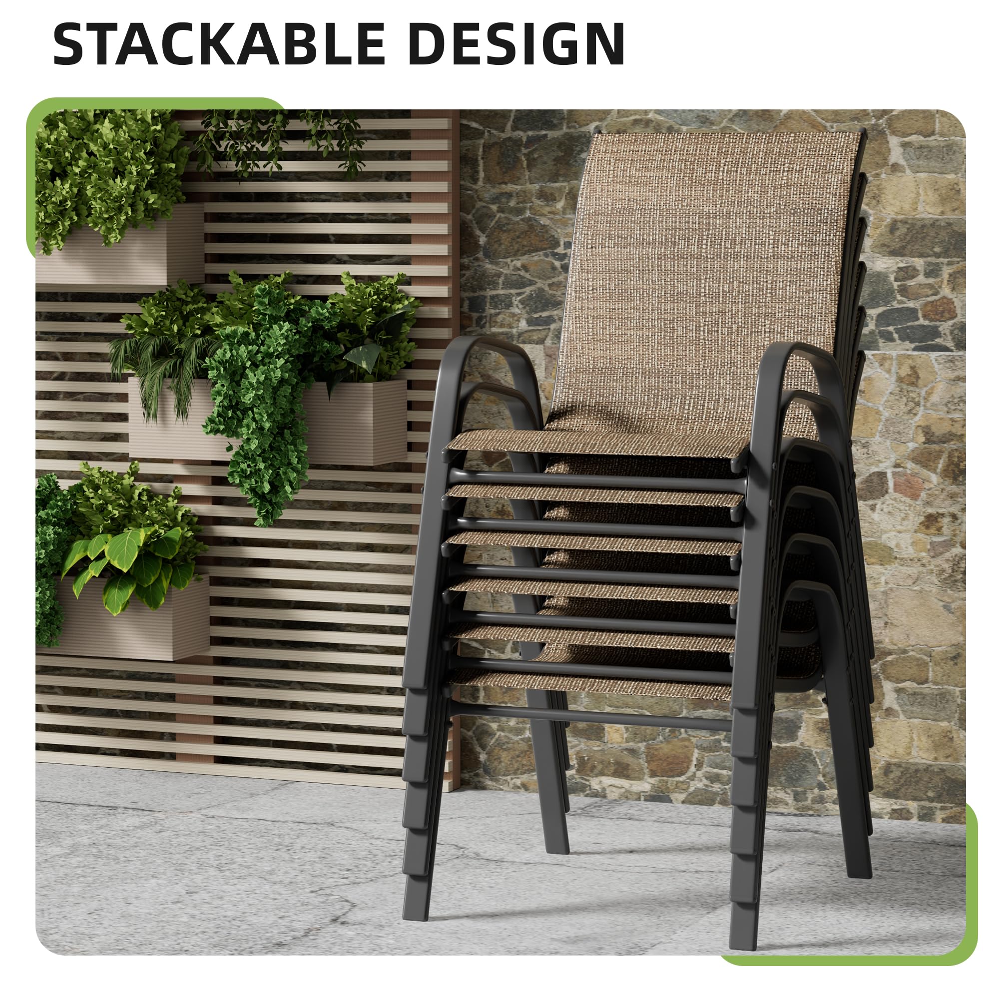 6-Piece Patio Chairs Set - All-Weather Stackable Outdoor Dining Chairs - Breathable Brown Garden Furniture for Backyard, Deck & Lawn - Perfect for BBQs, Pool Parties & Outdoor Entertaining