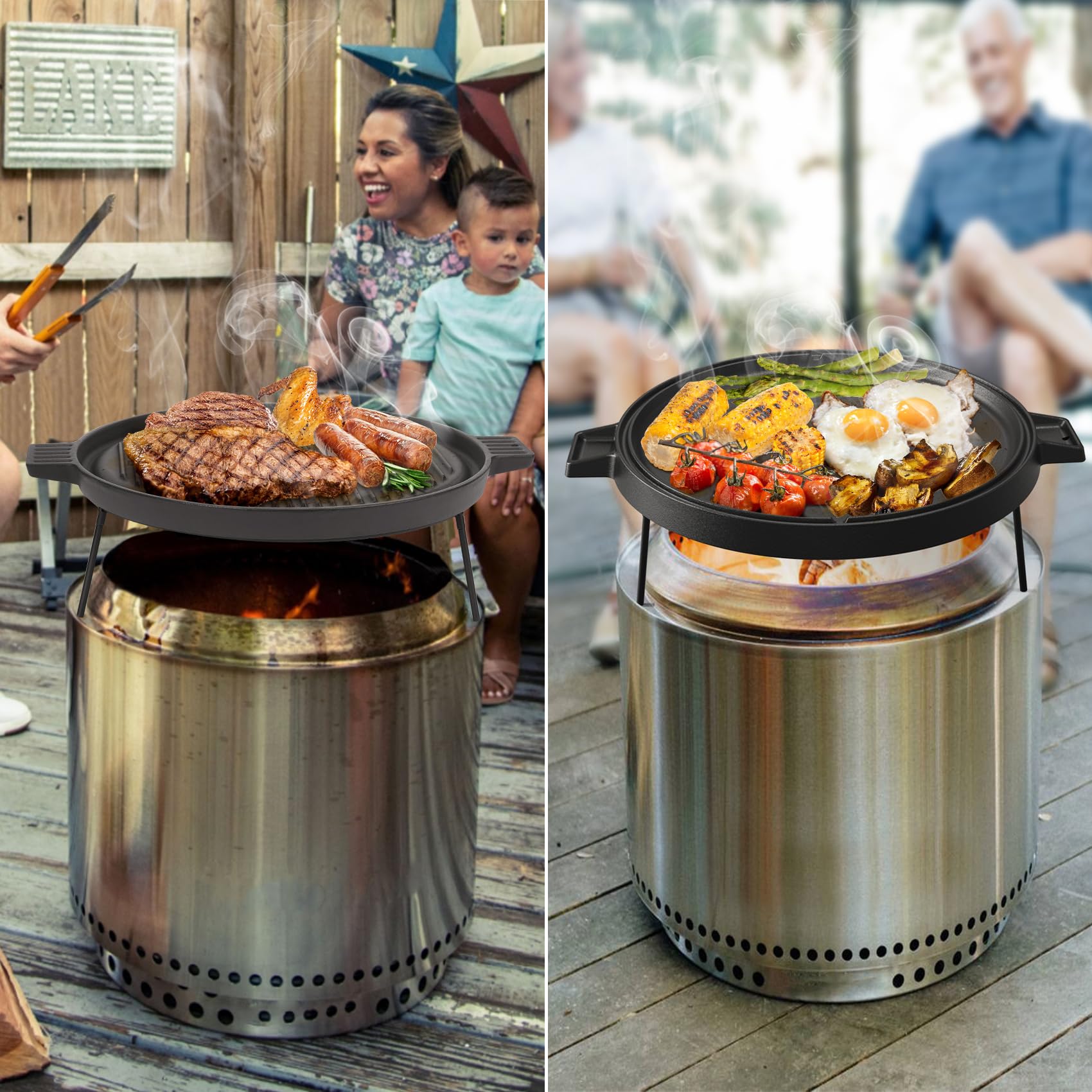 Onlyfire 14 Inch Double Sided Reversible Cast Iron Griddle for Solo Stove Ranger | Detachable Legs & Raised Top Cookware | Perfect for Camping, Backyard BBQs & Outdoor Cooking with 15 Inch Fire Pit