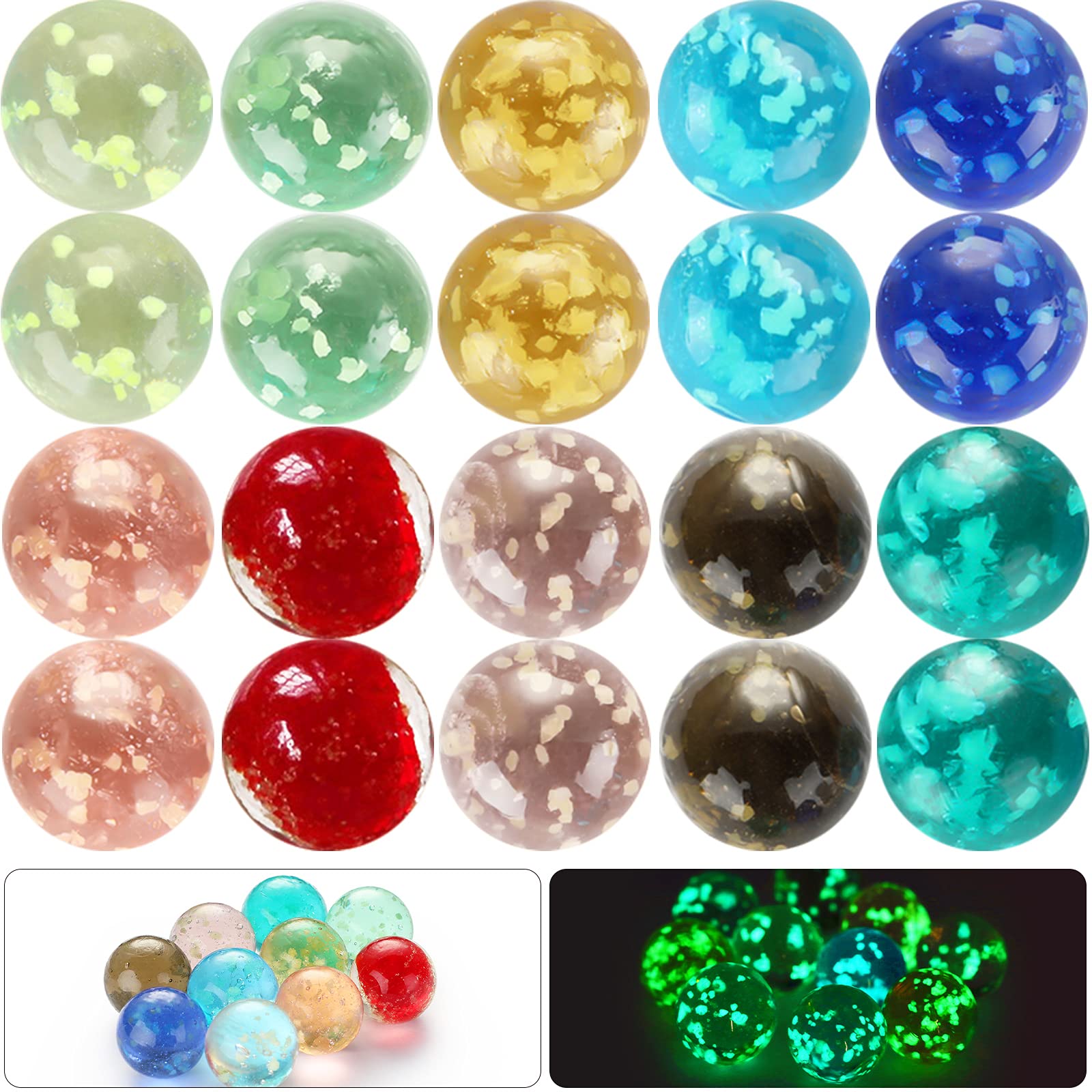 Skylety 20-Piece Glow in The Dark Marbles Bulk Set - 16mm Luminous Colorful Handmade Glass Marbles for Kids Science Toys, DIY Crafts & Home Decor - Perfect for Night Games, Sensory Play & Party Favors