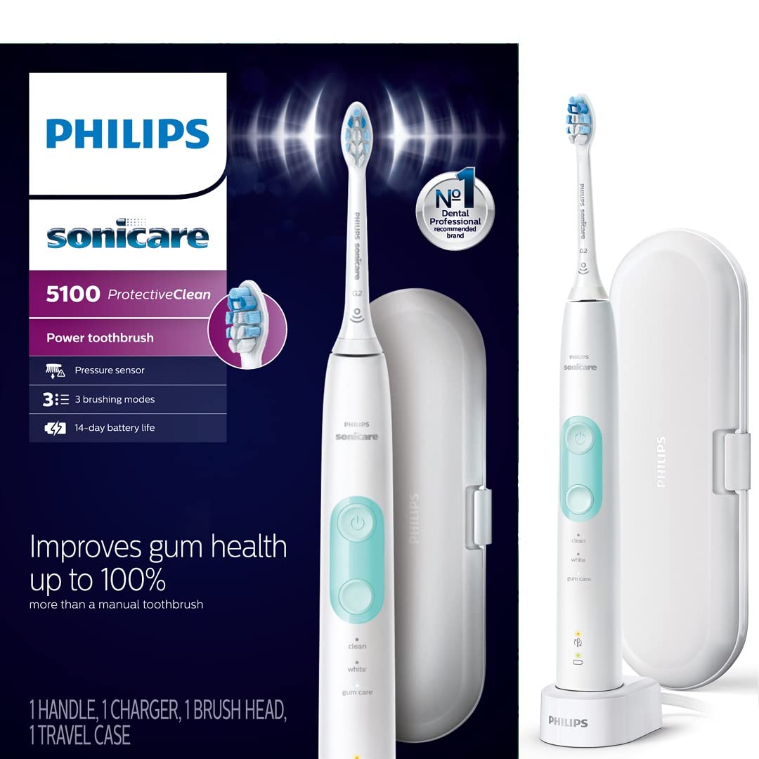Philips Sonicare ProtectiveClean 5100 Rechargeable Electric Toothbrush with 3 Genuine Optimal Gum Health Brush Heads - White | Advanced Plaque Removal for Healthier Gums & Teeth | Perfect for Home & Travel Oral Care