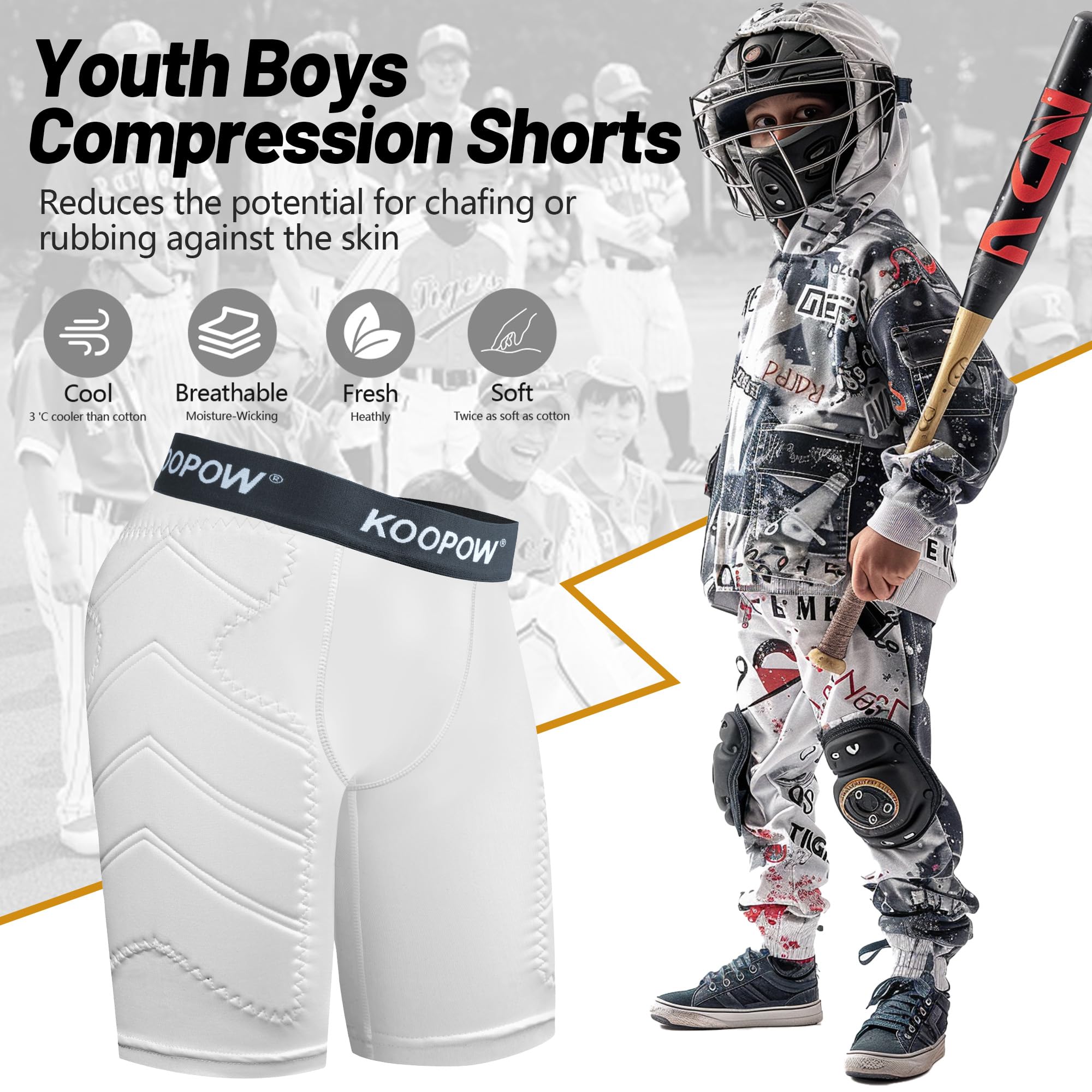 KOOPOW Youth Boys Padded Sliding Shorts with Soft Protective Cup - Baseball Football Lacrosse Protective Gear for Kids - Perfect for Sports Training & Games