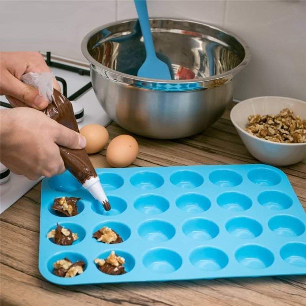 Qtopun 4-Pack Silicone Mini Muffin Pan - 24 Cups Non-Stick Baking Mold for Cupcakes, Muffins & Desserts - Perfect for Home Baking, Party Treats & Holiday Cooking (Blue)