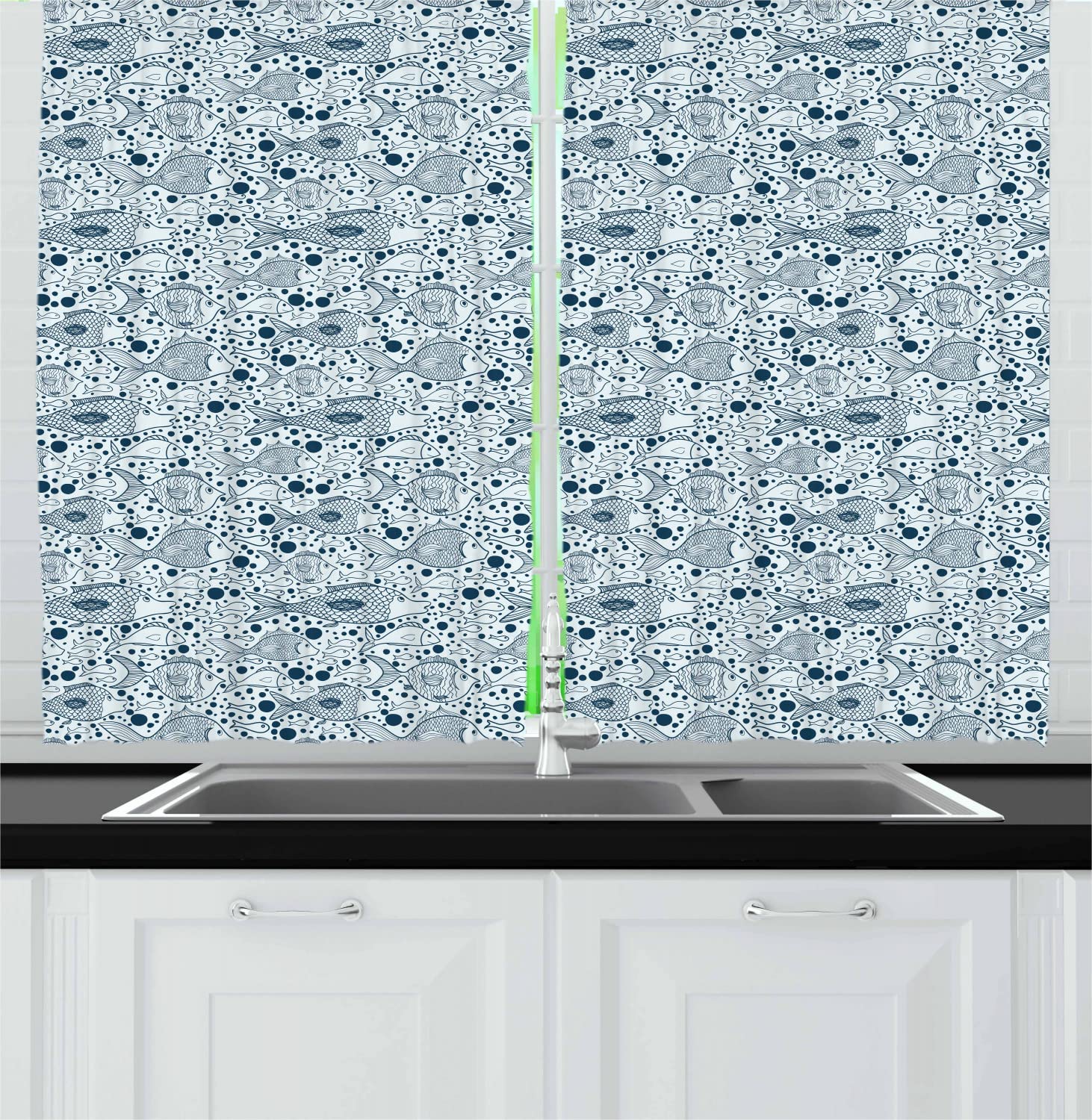 Ambesonne Vintage Blue Long Kitchen Curtains - Underwater Life Theme with Fish & Bubbles, 2 Panel Rod Pocket Drapes 55x45 Inch, Baby Blue & Dark Blue - Perfect for Beach House, Kids Room & Coastal Decor