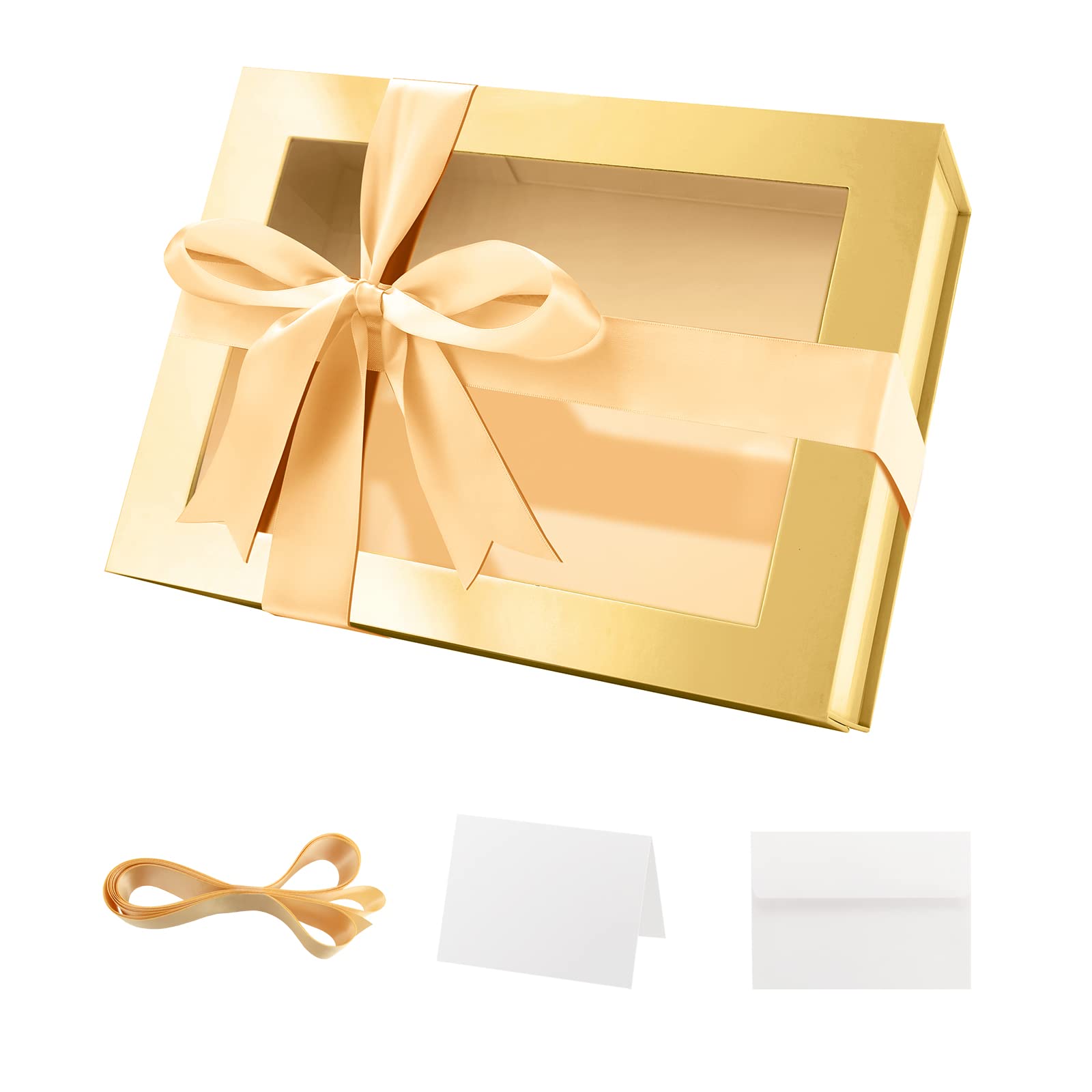 9x6.5x3.8 Inch Gold Gift Box with Clear Window - Magnetic Lid Bridesmaid Proposal Box, Christmas Present Box with Ribbon & Card (Glossy Gold) | Perfect for Wedding Favors, Birthday Gifts & Holiday Packaging