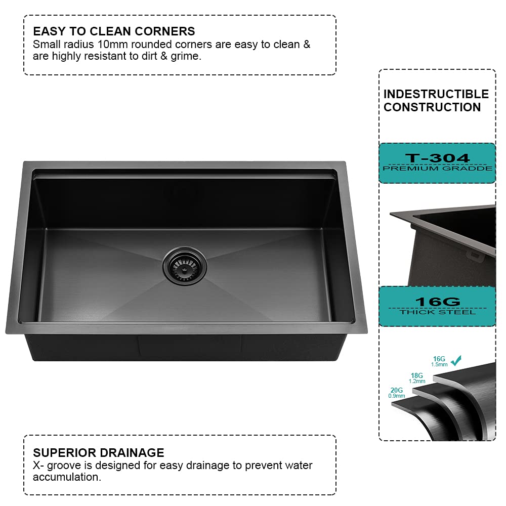32x19 Inch Undermount Stainless Steel Kitchen Sink Workstation - 16 Gauge Deep Single Bowl Black Sink with Cutting Board | Perfect for Modern Kitchens & Food Prep Stations