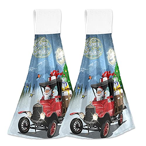 Christmas Santa Claus Snowman Hanging Kitchen Towel Set - 2 Pack Soft Microfiber Coral Velvet Hand Towels with Loops | Absorbent Washcloths for Kitchen, Bathroom & Oven Decor | Perfect Holiday Gift & Xmas Decoration