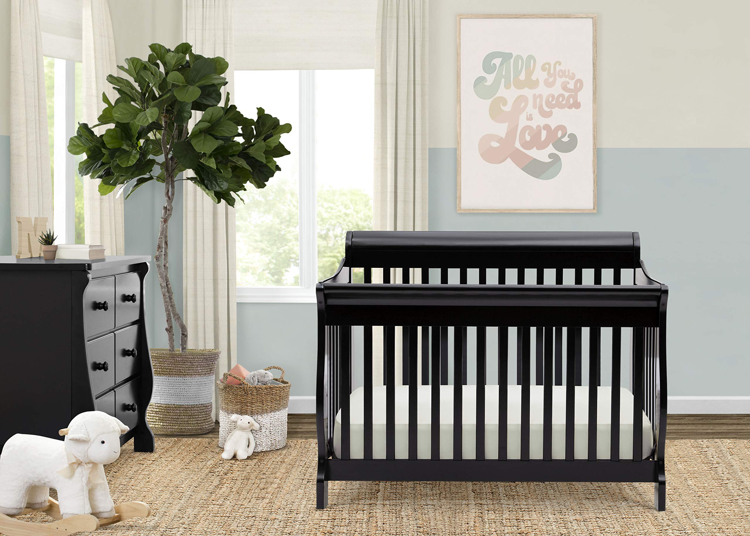 Delta Children Canton 4-in-1 Convertible Baby Crib to Toddler Bed with Serta Perfect Slumber Dual-Sided Mattress - Black Nursery Furniture Set for Newborns & Toddlers | Safe Sleep Solution for Nursery & Daycare
