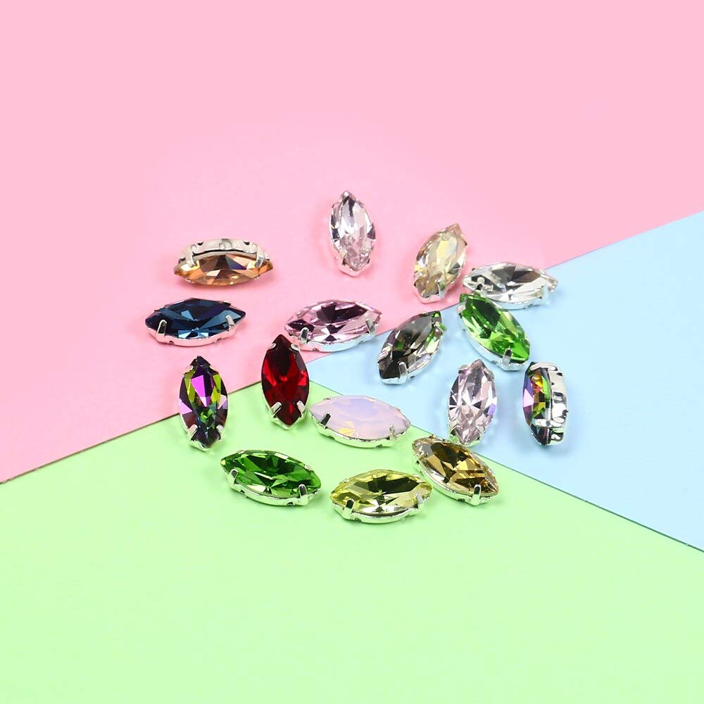 Crystal Leaf Sew-On Rhinestones - Silver Claw Marquise Glass Strass Appliques for Clothing (Mix Colors 7-15mm, 30pcs) | Perfect for DIY Fashion, Costume Design & Embellishing Dresses
