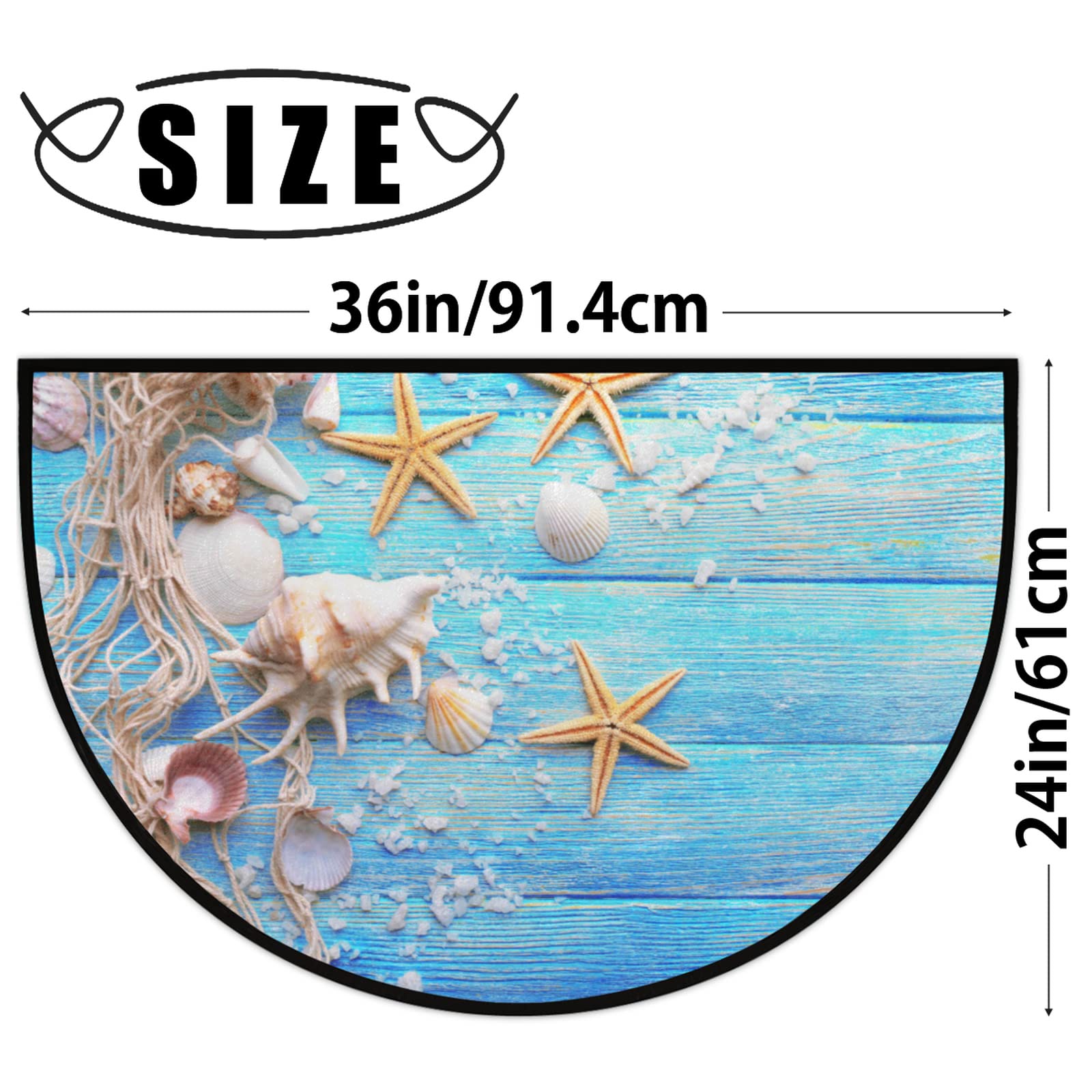 Non-Slip Half Round Beach Theme Door Mat with Starfish Design - Washable Wood Look Soft Area Rug for Indoor Living Room, Bedroom, Kitchen & Fireplace - Perfect Coastal Decor for Entryway, Patio and Vacation Homes