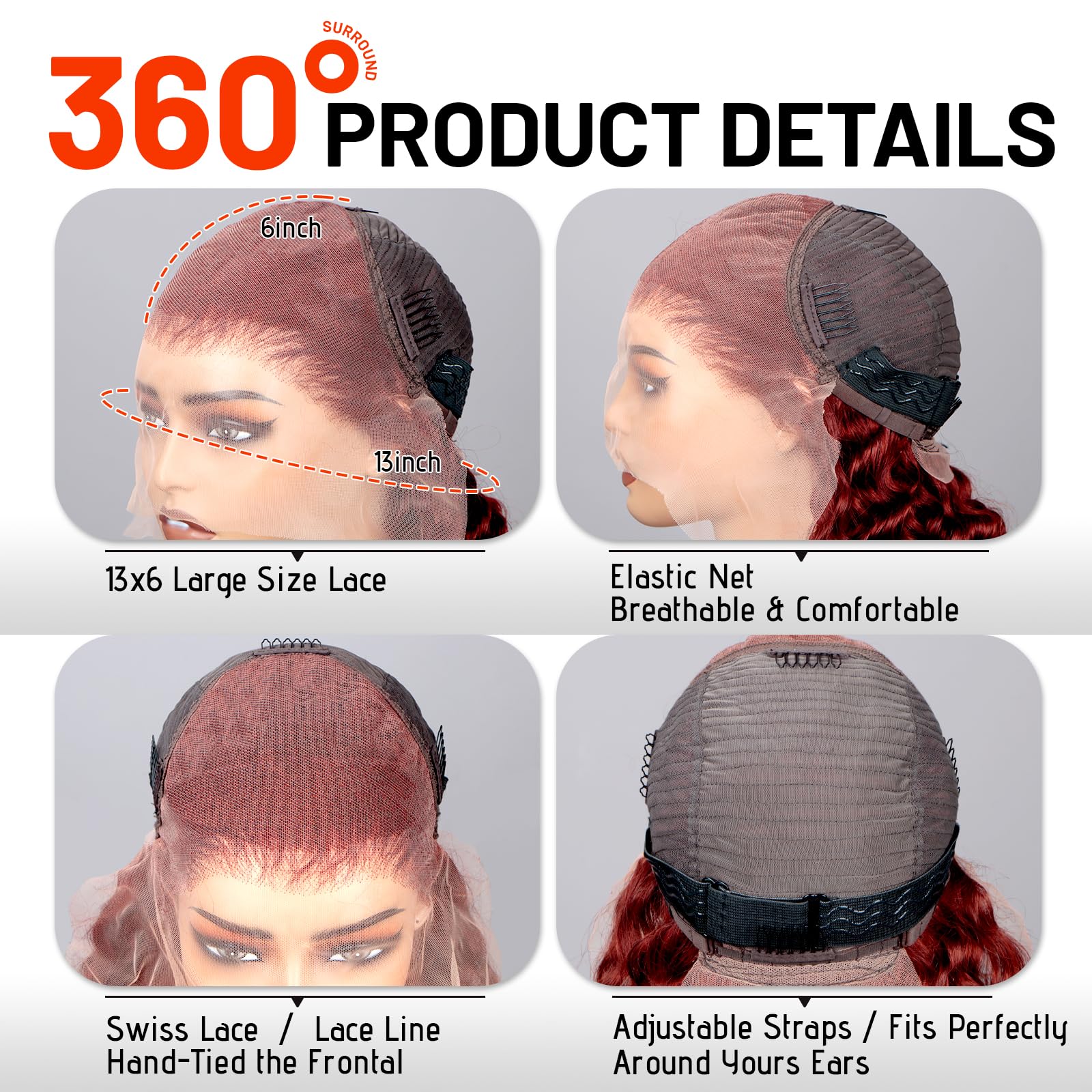 13x6 Water Wave Reddish Brown Lace Front Wig Human Hair - Pre Plucked 200% Density HD Transparent Frontal with Baby Hair | Bleached Knots Wet & Wavy Curly Wig 24 Inch for Daily Wear, Cosplay & Special Occasions