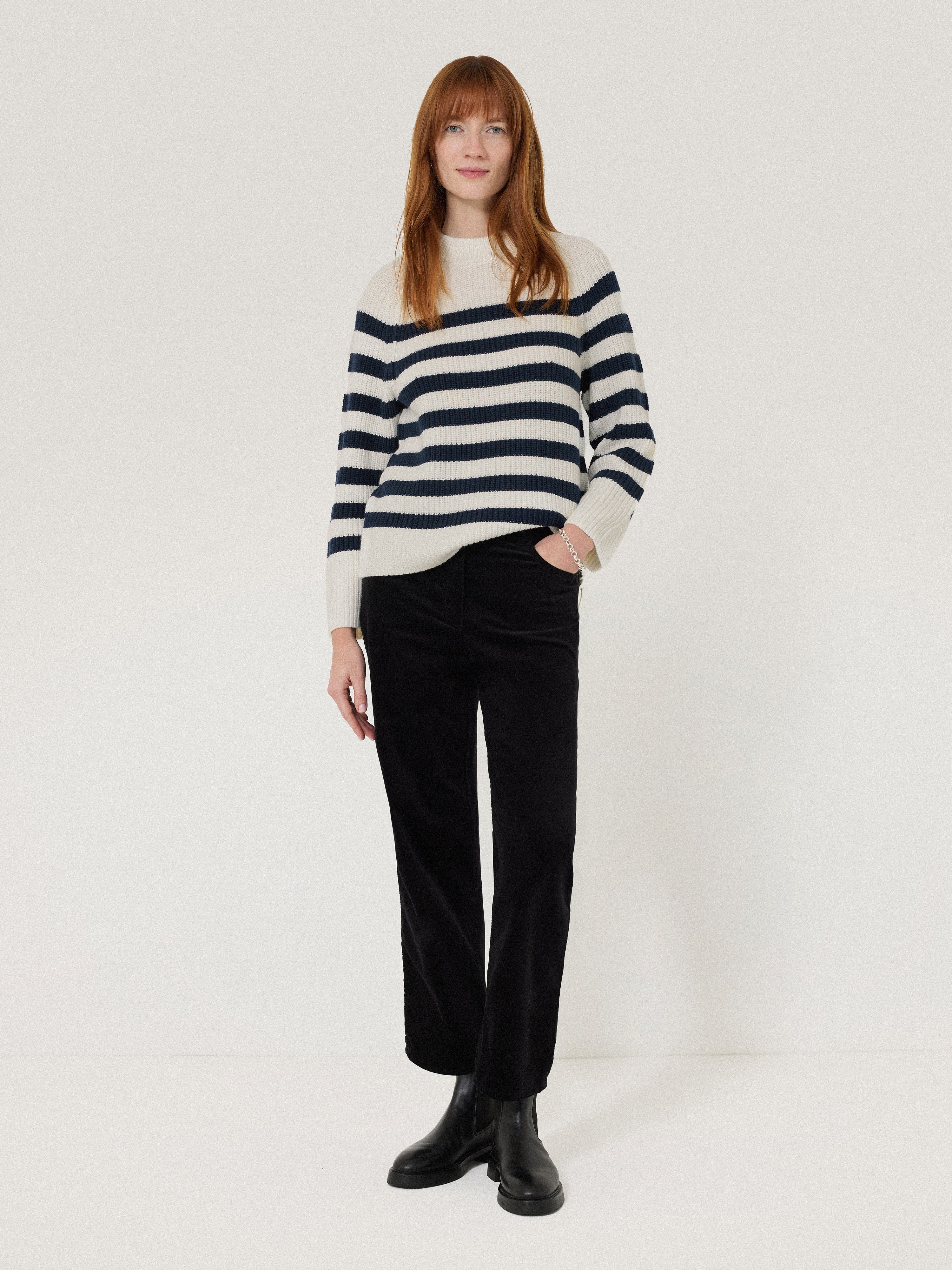Soft Cotton Blend Stripe Jumper Sweater for Women - Navy Blue Crewneck Pullover | Perfect for Casual Outfits & Fall Layering
