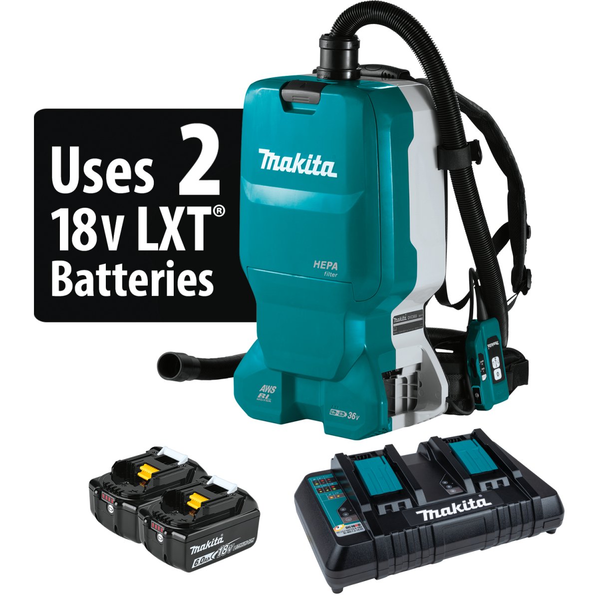 36V (18V X2) LXT® Brushless 1.6 Gallon HEPA Filter Backpack Dry Dust Extractor - AWS® Compatible with 5.0Ah Battery - Ideal for Construction Sites, Woodworking, and DIY Home Renovation Projects