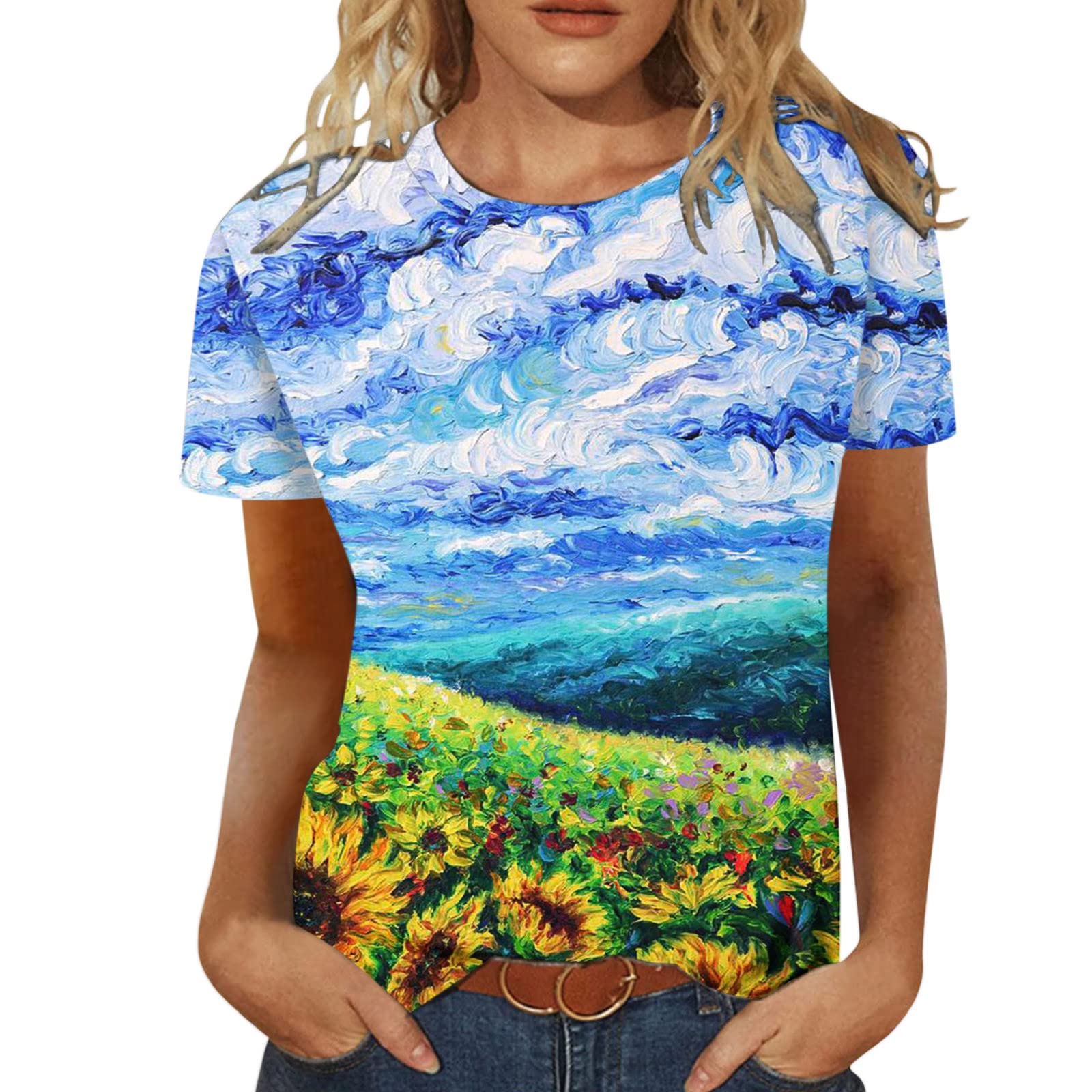 Floral Printed Women's Loose Round Neck Short Sleeve T-Shirt - Casual Summer Split Tunic Blouse for Women (Sky Blue, XXL) | Perfect for Beach Outings, Weekend Brunch & Summer Vacations