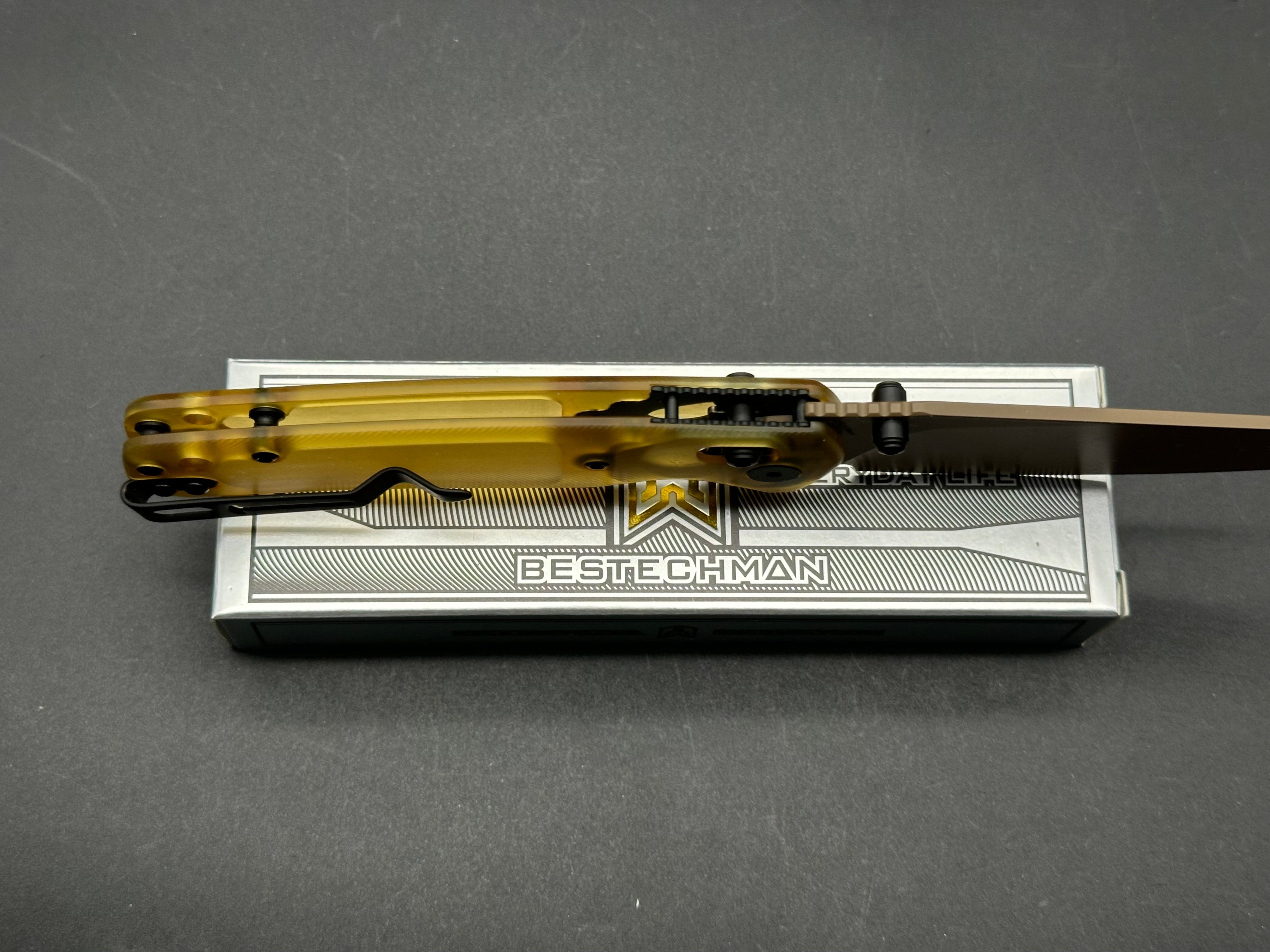 Bestechman Cicada's Wing Crossbar Lock Knife - Amber Ultem Handle, EDC Pocket Knife for Outdoor, Camping & Everyday Carry (EDC)