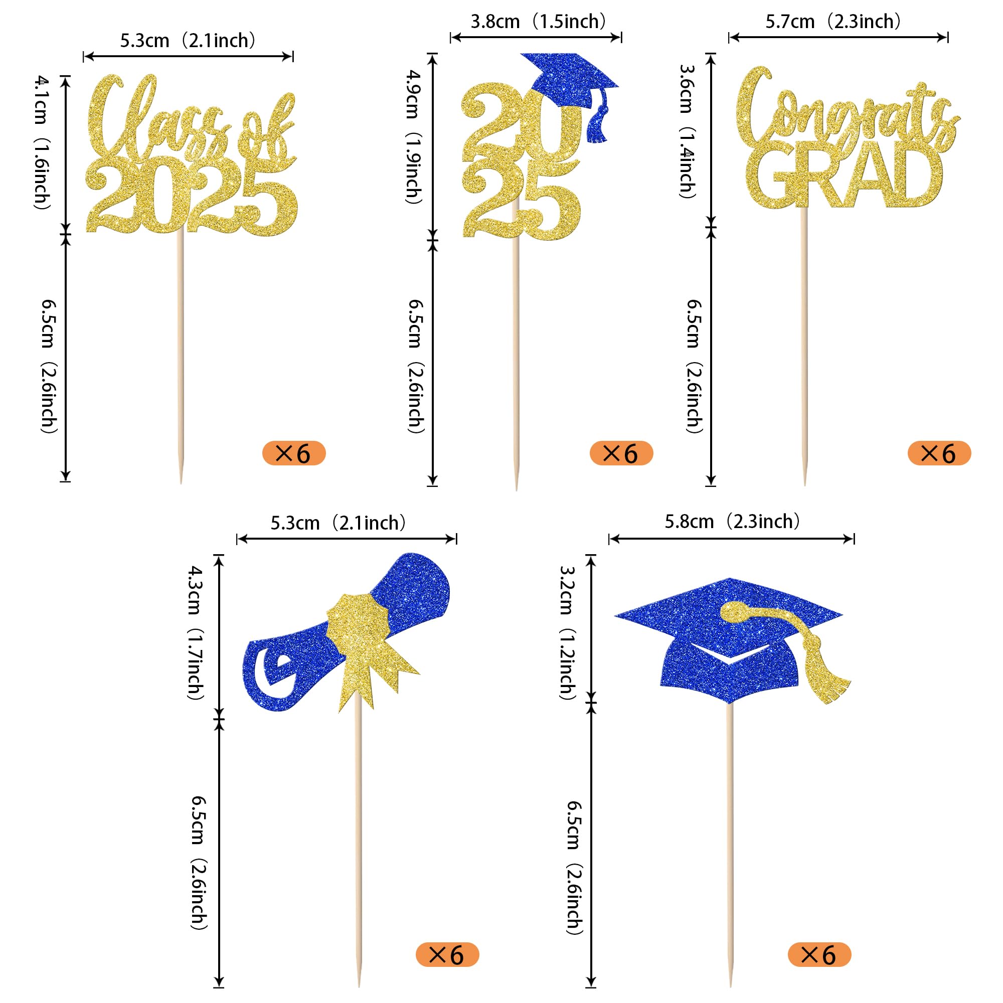 30 Pack Class of 2025 Graduation Cupcake Toppers - Glitter Gold & Blue Congrats Grad Cap & Diploma Cupcake Picks - Perfect for 2025 Senior Graduation Party Decorations, Cake Decor, and Celebration Supplies