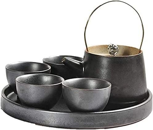 Japanese Style Cast Iron Teapot with Infuser & Ceramic Tea Cup Set - Traditional Tetsubin Teapot with Handle for Home, Office, Garden & Tea Room - Perfect for Black Tea, Green Tea & Herbal Brewing (Black, One Size)