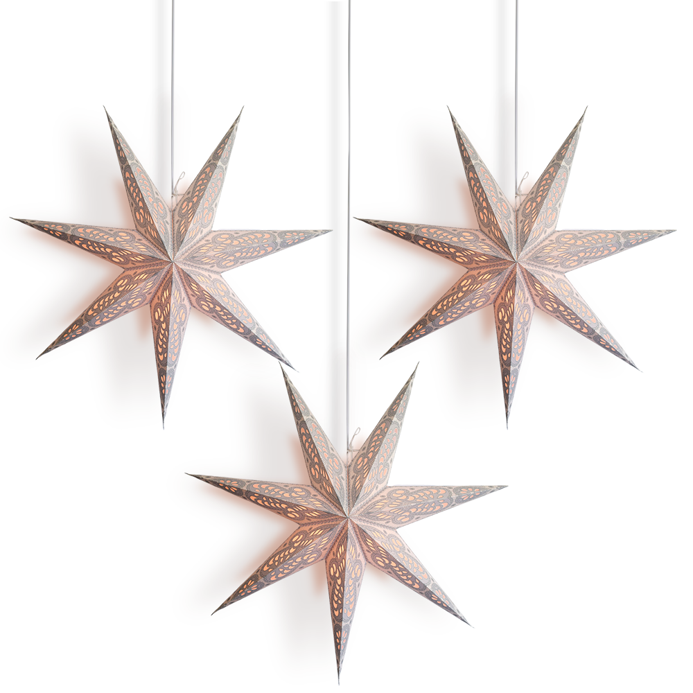 3 Pack White Grey Peacock 24 Inch LED Star Lanterns - 7 Point Illuminated Paper Lantern with Light Bulbs & Cord for Home Decor, Party, Wedding, Christmas & Indoor Outdoor Lighting