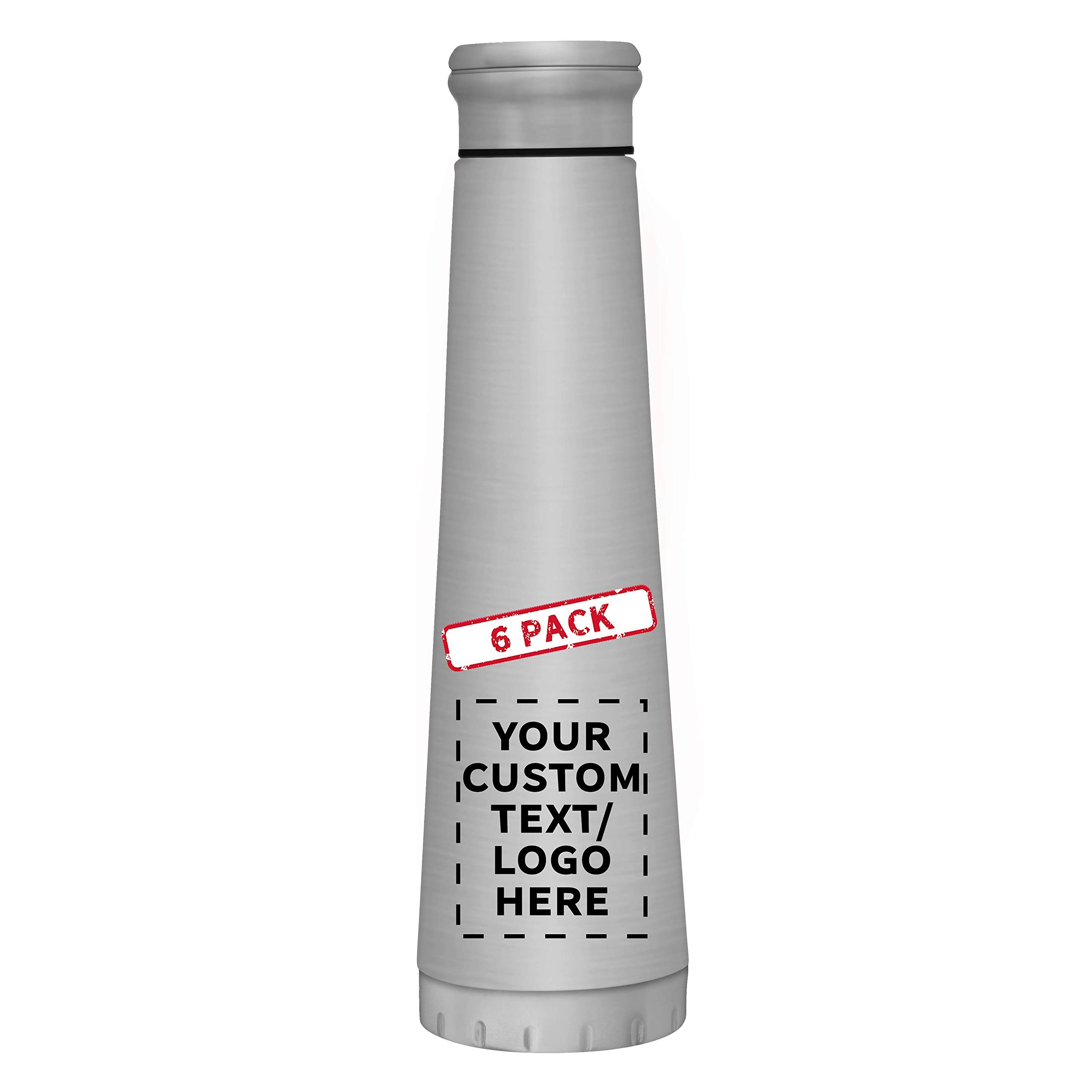 6 Pack 16 oz Vacuum Insulated Stainless Steel Water Bottles - Double Wall BPA Free - Custom Text & Logo Engraving - Silver - Perfect for Gym, Hiking, Office & Outdoor Activities
