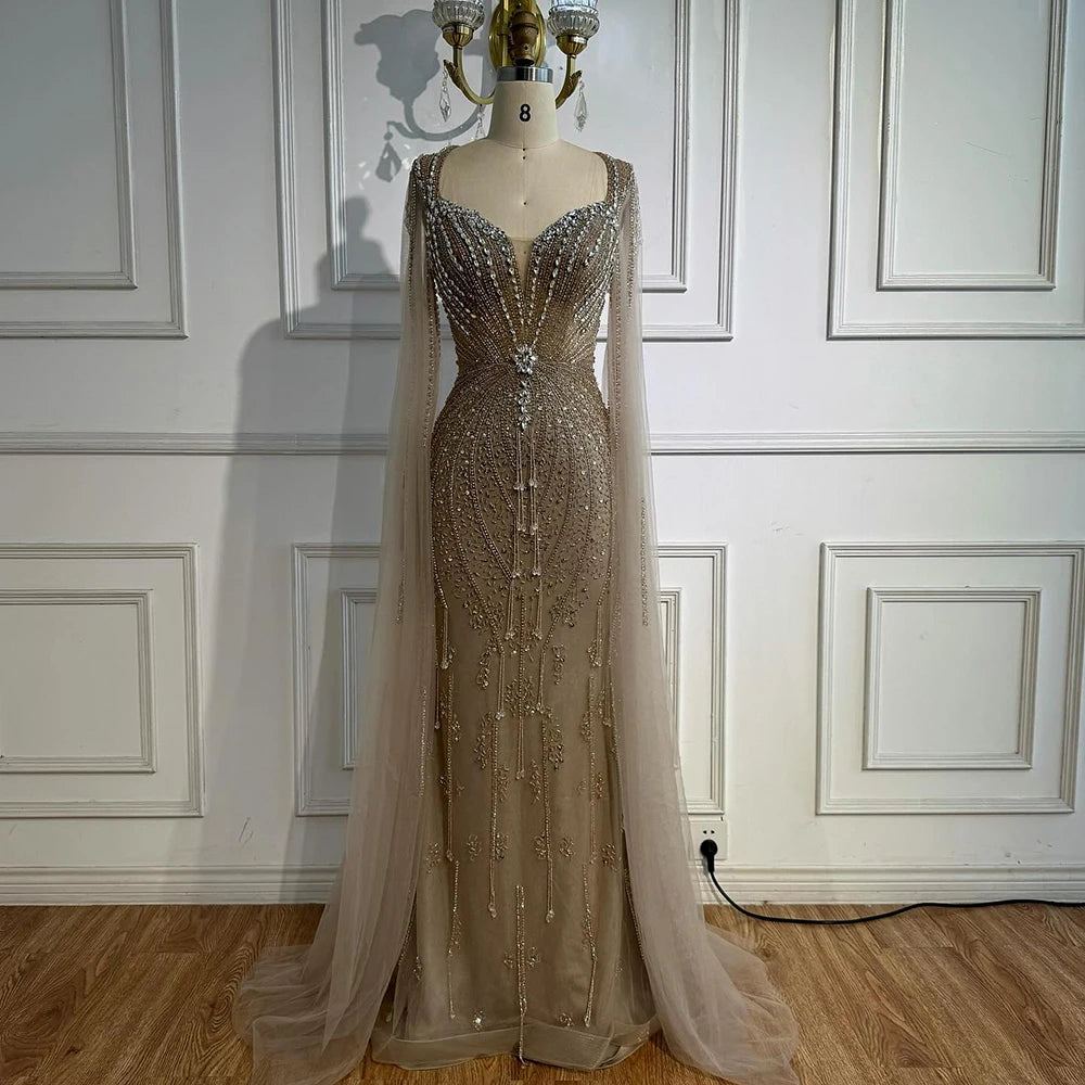 Elegant Beige Beaded Evening Dress with Cape Sleeves - LA72992 | Formal Gown for Prom, Wedding & Special Occasions