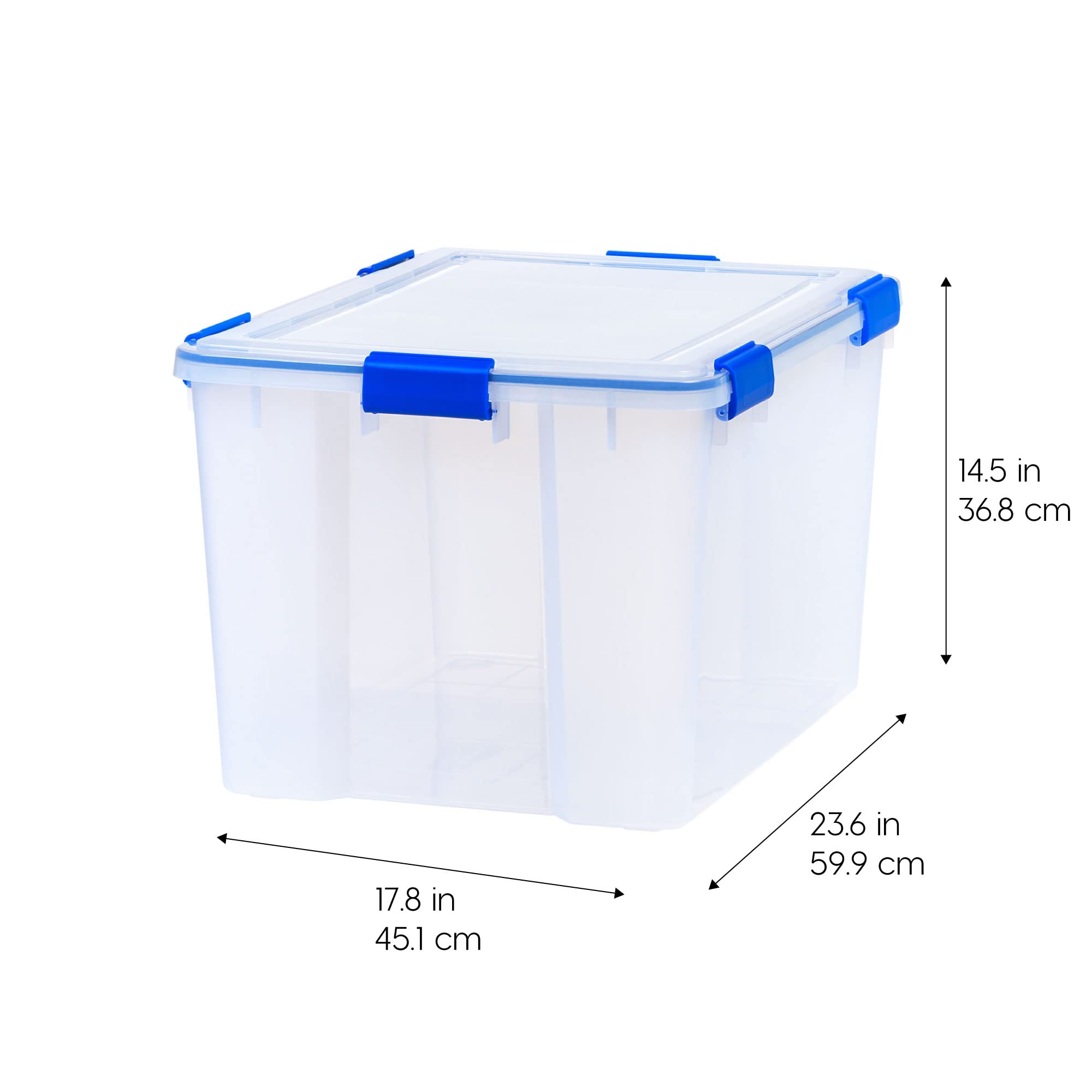 IRIS USA WeatherPro 74 Qt Storage Bins with Lids, 3-Pack BPA-Free Plastic Gasket Box - Airtight Latch & Seal, Stackable & Nestable Tote Tubs for Home Organization (Clear/Blue) - Perfect for Pantry, Garage, Closet & Seasonal Storage