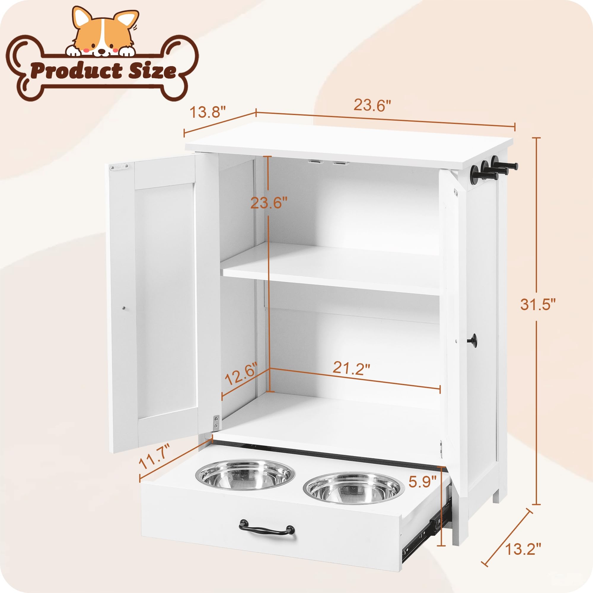 ALINE FURNITURE Elevated Dog Feeding Station with Storage Cabinet - Includes 2 Raised Dog Bowls, Hidden Pet Food Organizer for Dogs & Cats - White Wooden Pet Feeder for Kitchen or Living Room