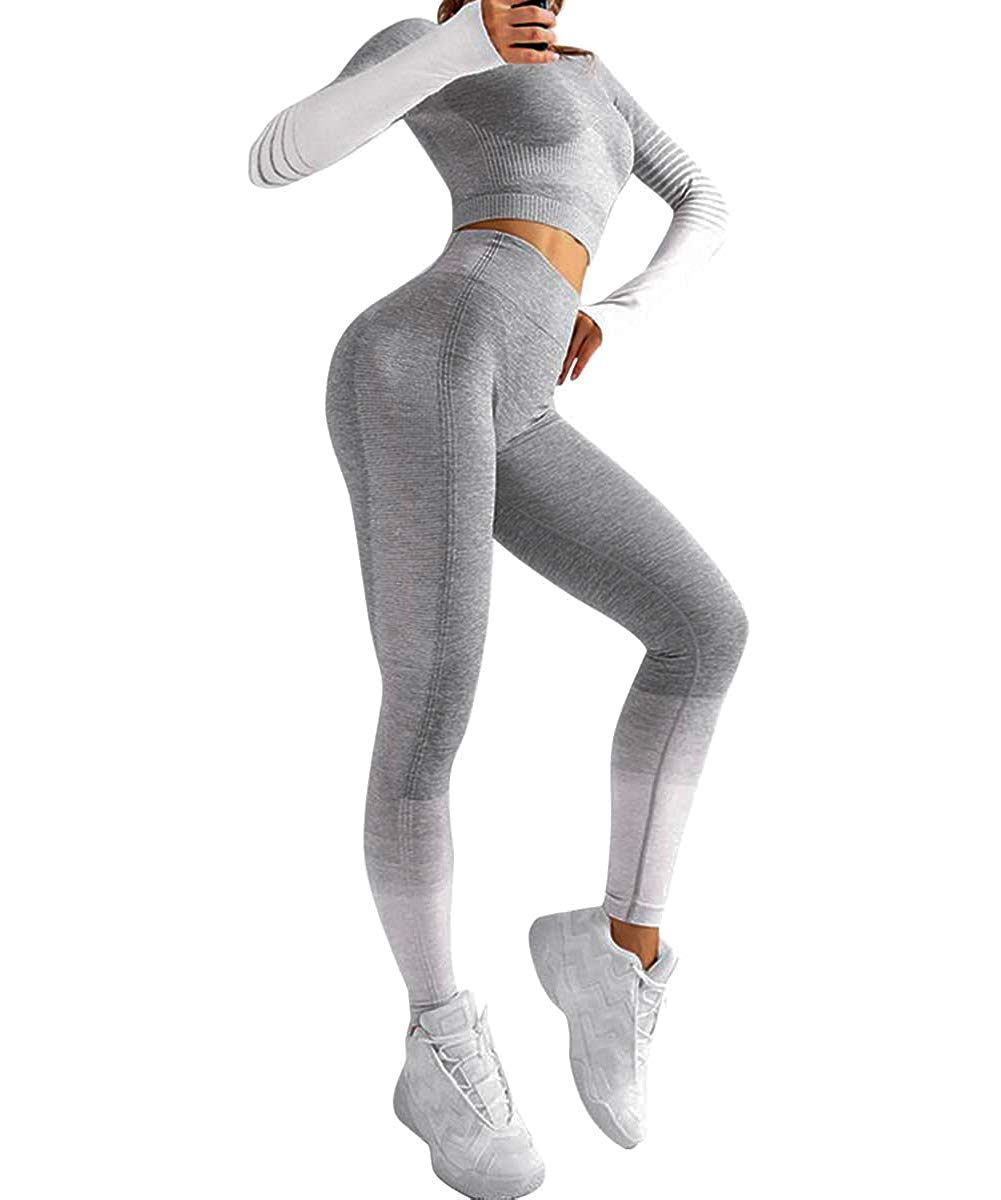 EUYZOU Women's 2-Piece Workout Set - High Waisted Yoga Pants with Long Sleeve Crop Top, Gym Clothes for Yoga, Running & Fitness | White Size L