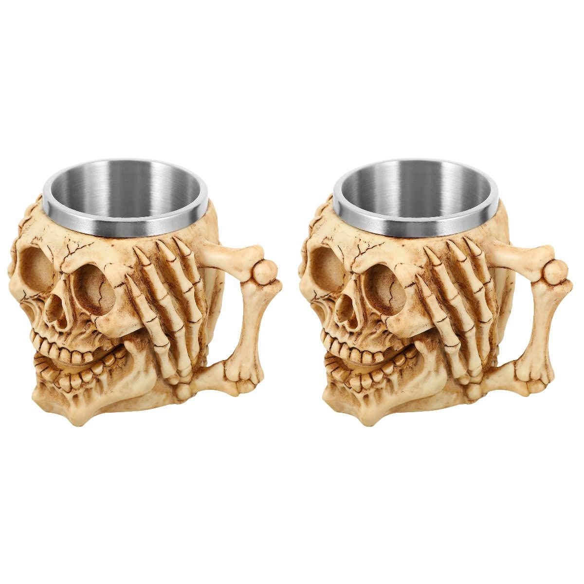 2-Pack Stainless Steel Skull Coffee Mugs with Handle - 3D Skull Skeleton Design for Couples, Beer & Coffee Drinking - Unique Gothic Gift for Halloween, Parties & Home Decor (Hugging Head Design)