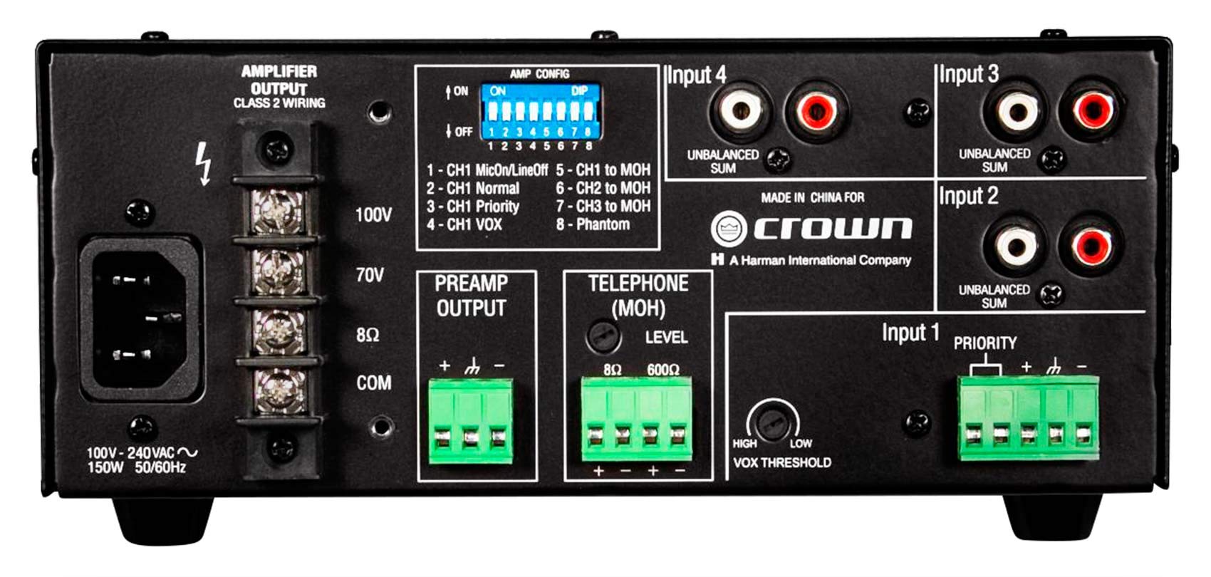 Crown 160MA 60W 70V Commercial Mixer Amplifier with 4 Rockville CCL5T 5