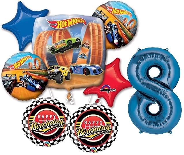 Hot Wheels Racing Cars Party Decorations Set - Blue Number 8 Balloon Bouquet for 8th Birthday Celebrations | Perfect for Kids Birthday Parties, Car Themed Events & Race Car Decorations