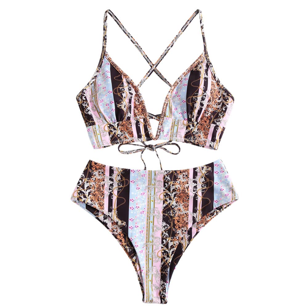 ZAFUL Women's Floral Print Plunging Neck Surplice High Cut Tankini Swimsuit Two Piece Set - Perfect for Beach Vacation, Pool Party & Summer Getaways
