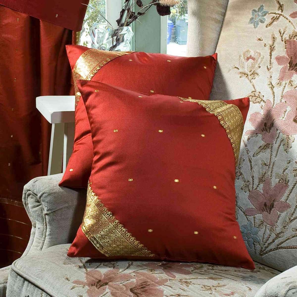 Handmade Boho Sari Pillow Covers Set of 2 - 24x24 Inch Rust Orange Throw Pillow Covers with Zipper Closure - Indian Sari Home Decor for Living Room, Bedroom, Sofa & Couch Accessories