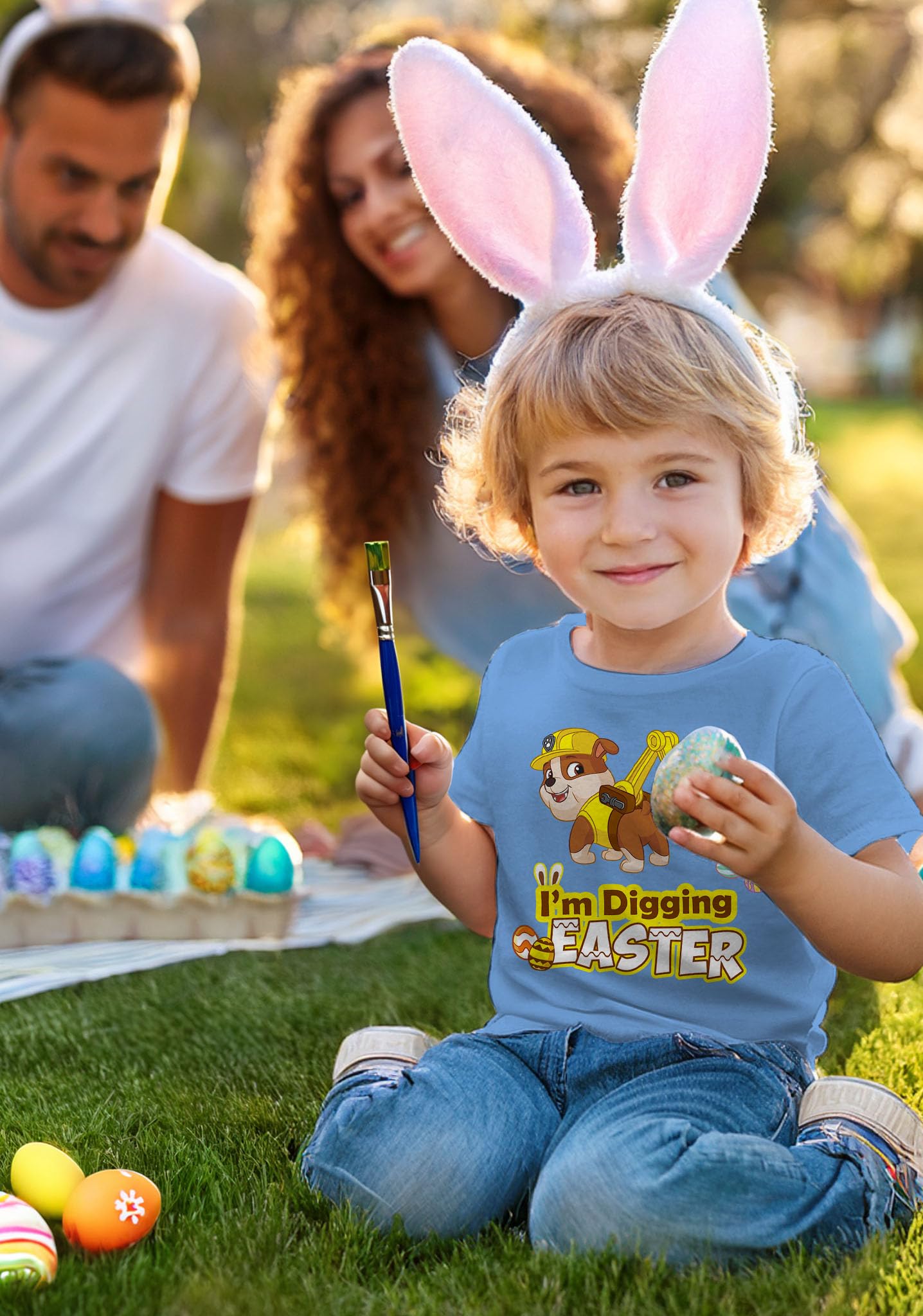Paw Patrol Rubble Easter Egg Hunt T-Shirt for Toddler Boys & Girls - Cute Digging Design for Kids Egg Hunting & Spring Party Outfits