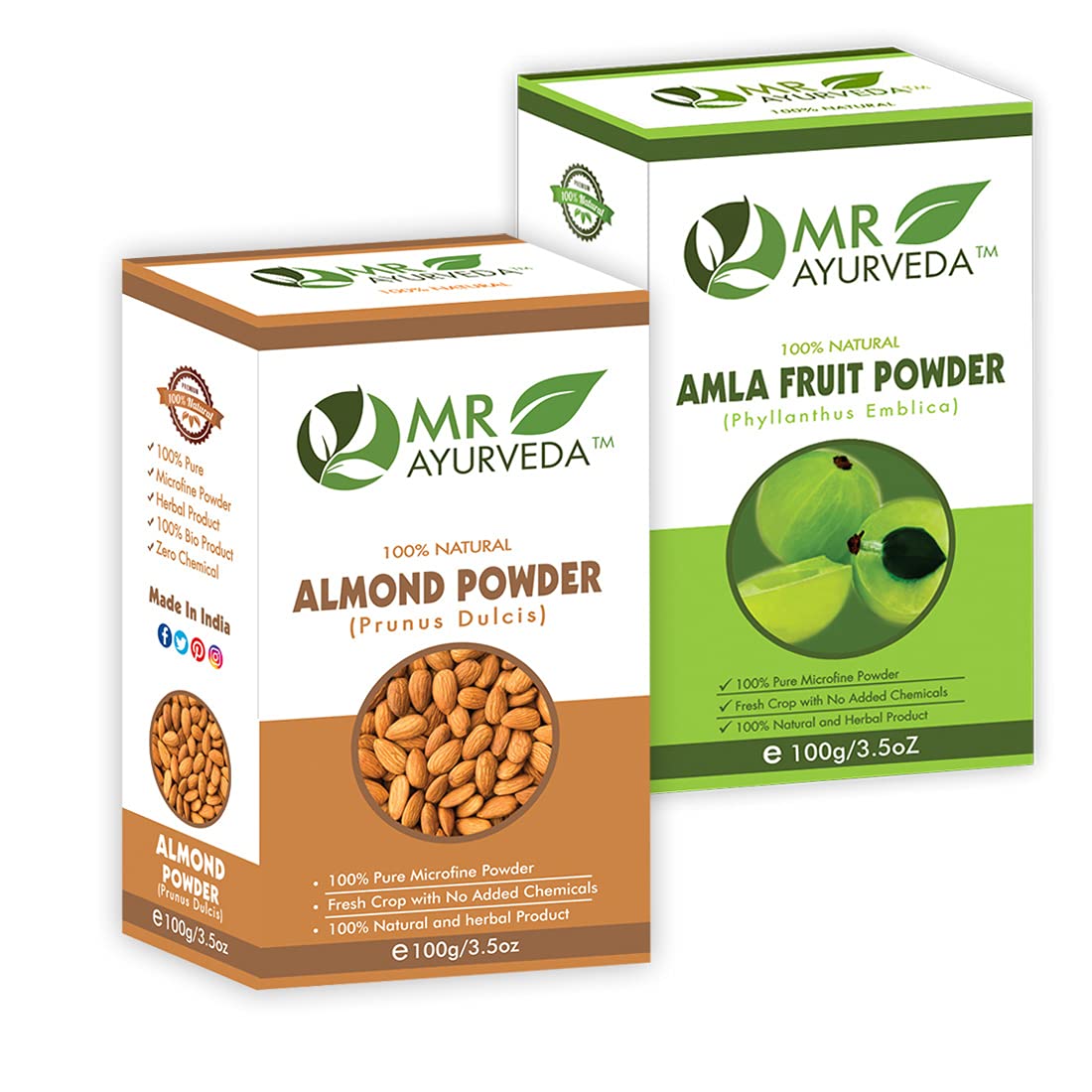 MR Ayurveda 100% Natural Almond Powder & Amla Powder Combo Pack - 100g Each | Organic Skin & Hair Care | For Smoothies, Face Masks & Hair Treatments