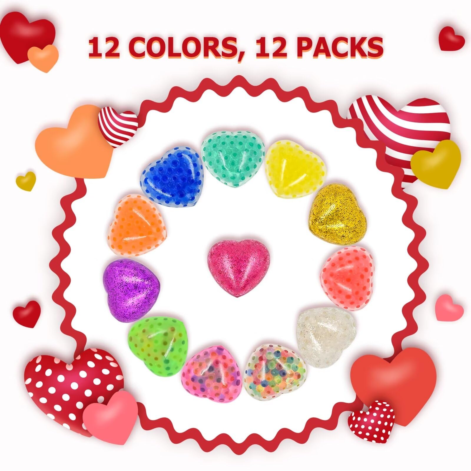 12 Pack Heart Squishy Stress Relief Balls - Soft Squeeze Sensory Toys for Anxiety, ADHD & Autism - Fun Fidget Toys for Kids & Adults - Perfect for Office, Classroom & Home Use