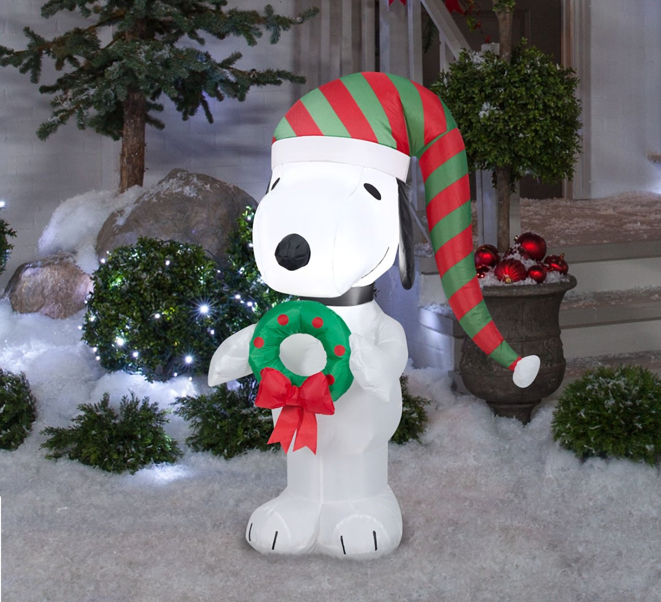 3.5' Gemmy Airblown® Outdoor Inflatable Snoopy with Wreath - Christmas Decoration for Yard, Lawn, and Garden - Holiday Inflatable Decor for Halloween, Thanksgiving, and Xmas