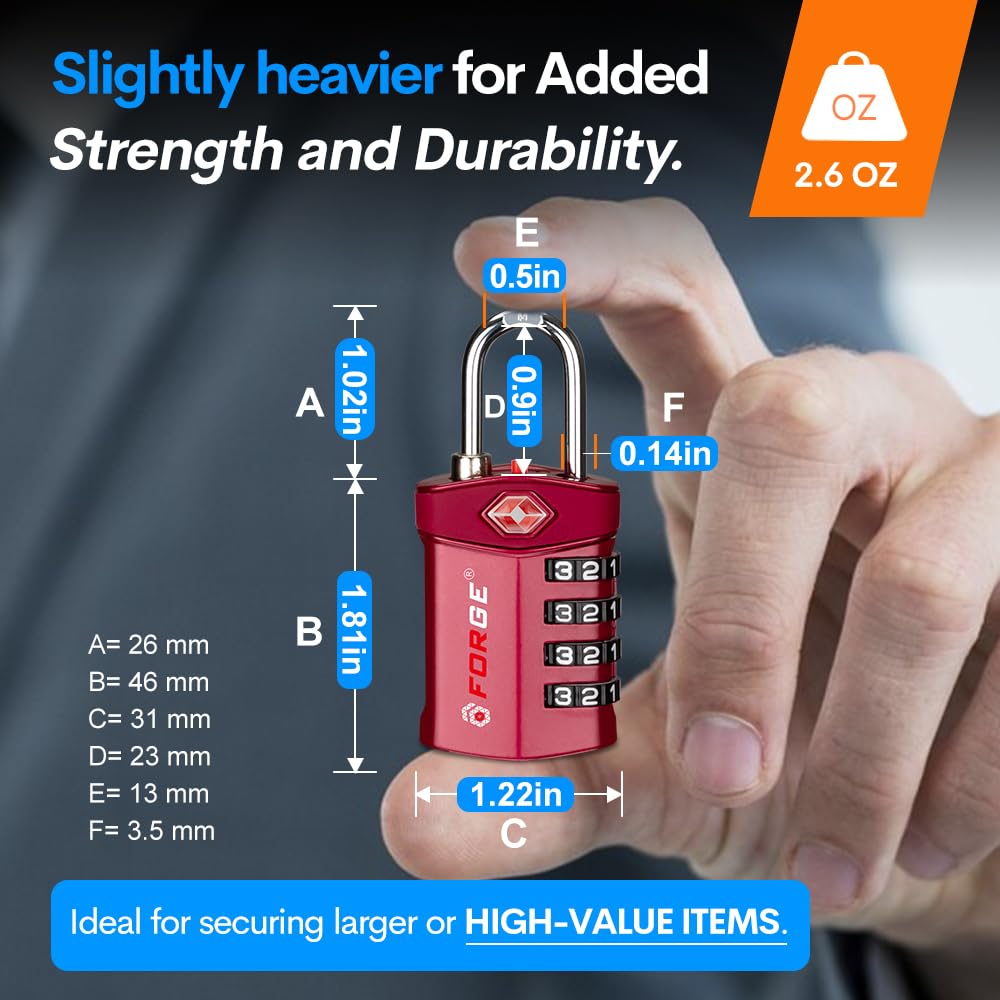 TSA Approved Forge Travel Lock - Secure Luggage Lock for Air Travel, Gym & School Lockers, Pelican & Gun Cases | Easy-Read Dials & Durable Alloy Body | Perfect for Airport Security, Travel Gear Protection & Equipment Safety