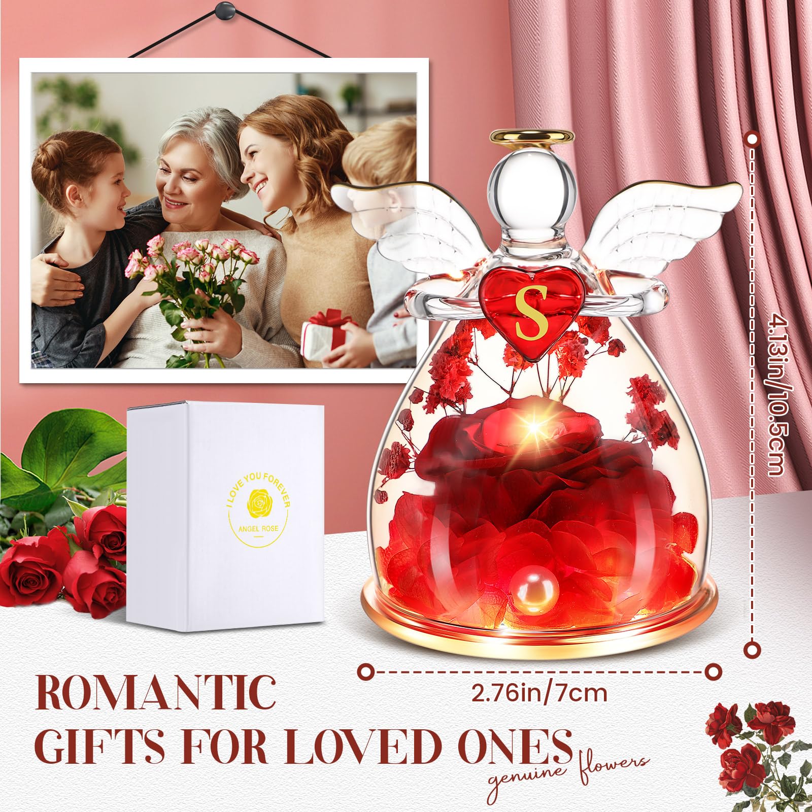 Eternal Rose Gift for Women - Preserved Glass Rose with Angel Figurine | Birthday, Anniversary, Valentine's Day Present for Wife, Mom, Girlfriend, Daughter, Grandma | Home Decor, Wedding Centerpiece, Romantic Keepsake