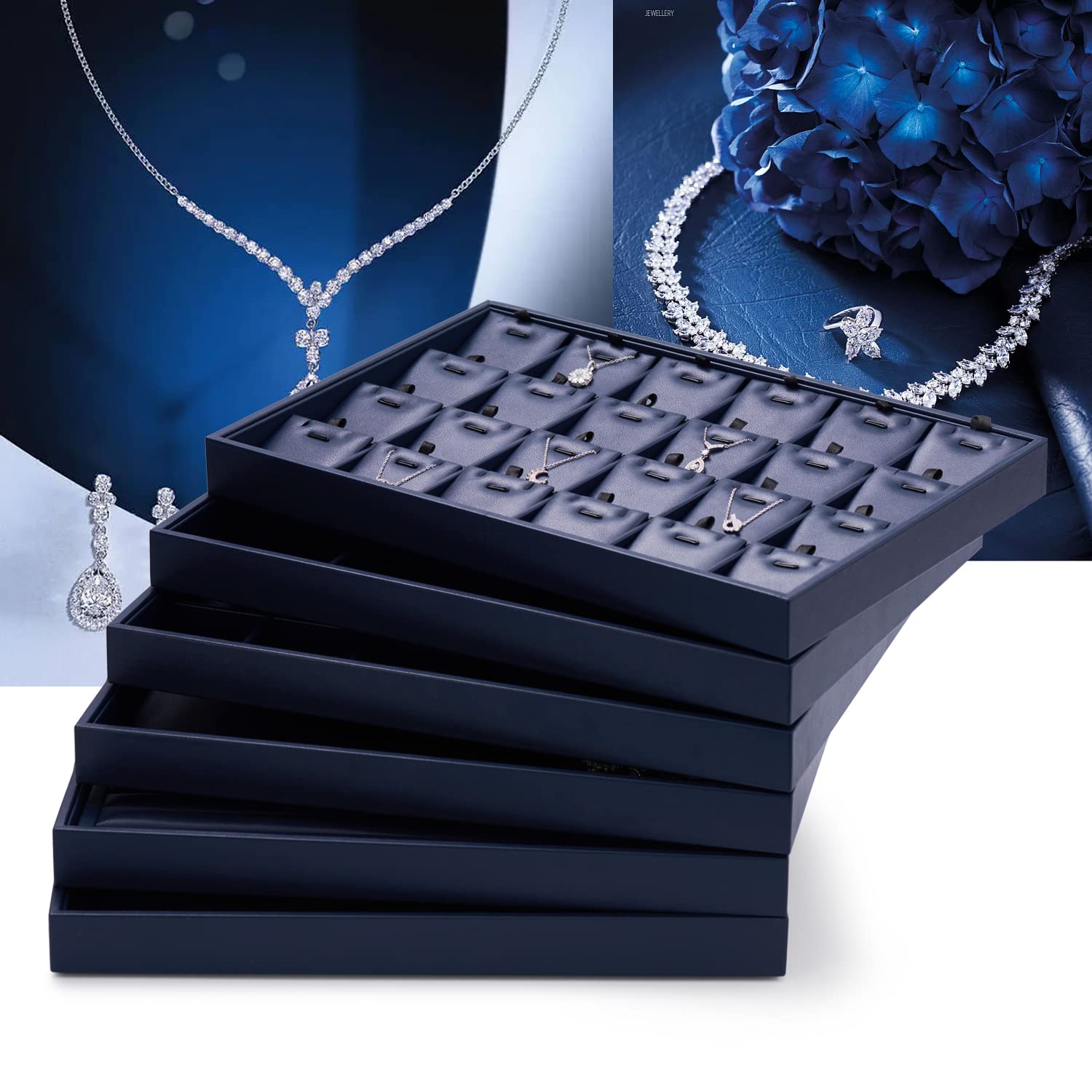 Oirlv Elegant Blue Jewelry Display Tray - Stackable Jewelry Organizer for Rings, Earrings & Necklaces | Jewelry Drawer Storage Solution for Boutique, Home & Travel Use