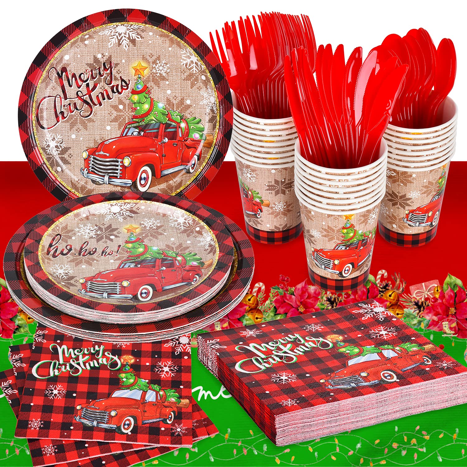 Disposable Christmas Party Supplies Set - 25-Piece Paper Plates, Napkins, Cups, Cutlery & Tablecloth for Holiday Decorations - Perfect for Christmas Dinner, Office Parties & Festive Gatherings