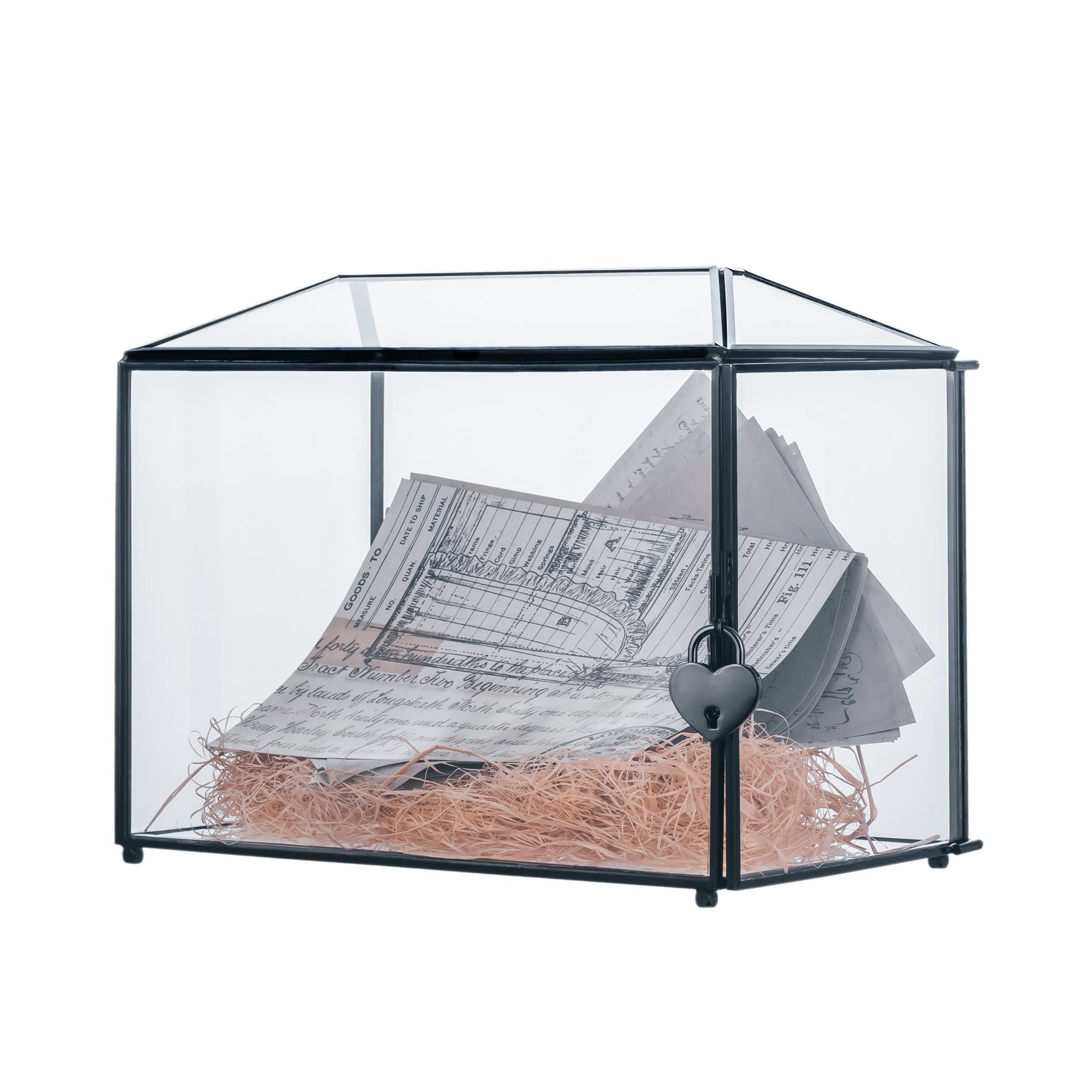 Elegant Black Geometric Glass Cards Box with Slot & Lock - 10.2x5.9x7.9 Inch Handmade Wedding Wishing Well Terrarium - Perfect for Birthday Parties, Reception Decor & Gift Card Holder (Glass Box Only)