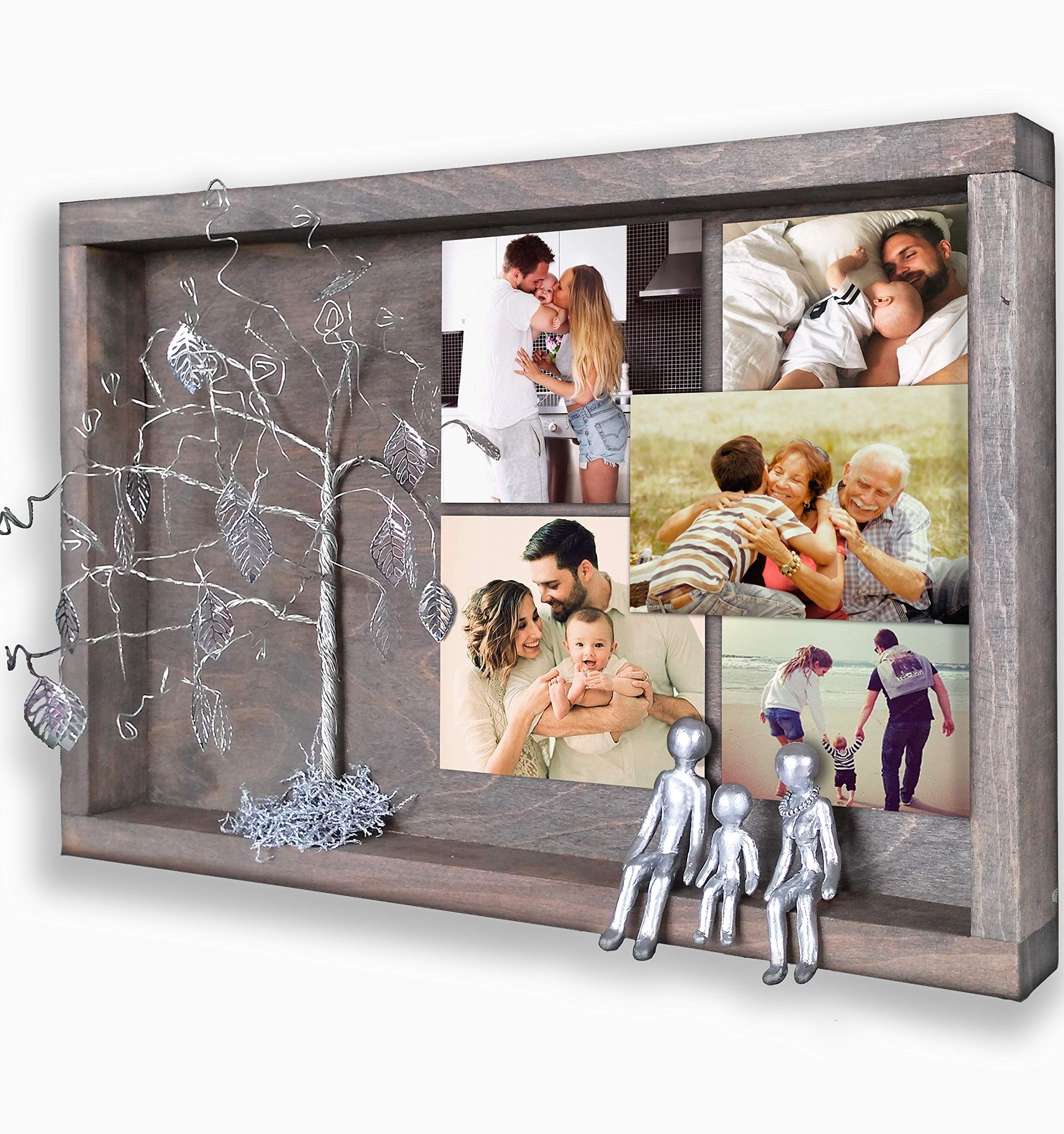 Personalized Family Picture Frame Collage - Tin Iron Silver Wall Photo Frames for 4 6 8 10 12 Years Anniversary, Wedding, Willow Family Tree Display with 4 Figurines - Perfect Gift for Inlaws, Grandmother, Home Decor & Memory Keepsake (OP-C4R)