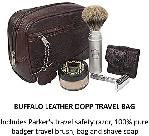 Parker Travel Shave Kit for Men - Premium Dopp Toiletry Bag with Safety Razor, Shaving Brush & Shaving Soap - Perfect for Business Trips, Camping & Grooming Gifts
