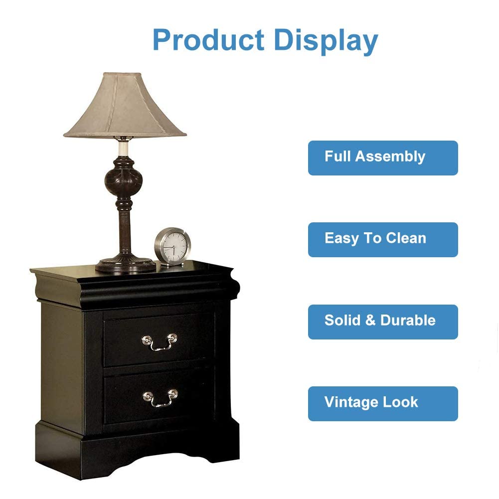 Henf 2-Drawer Nightstand - Traditional Rectangular Wooden Bedside Table for Bedroom, Black | Perfect for Small Spaces, Apartment Living & Guest Rooms